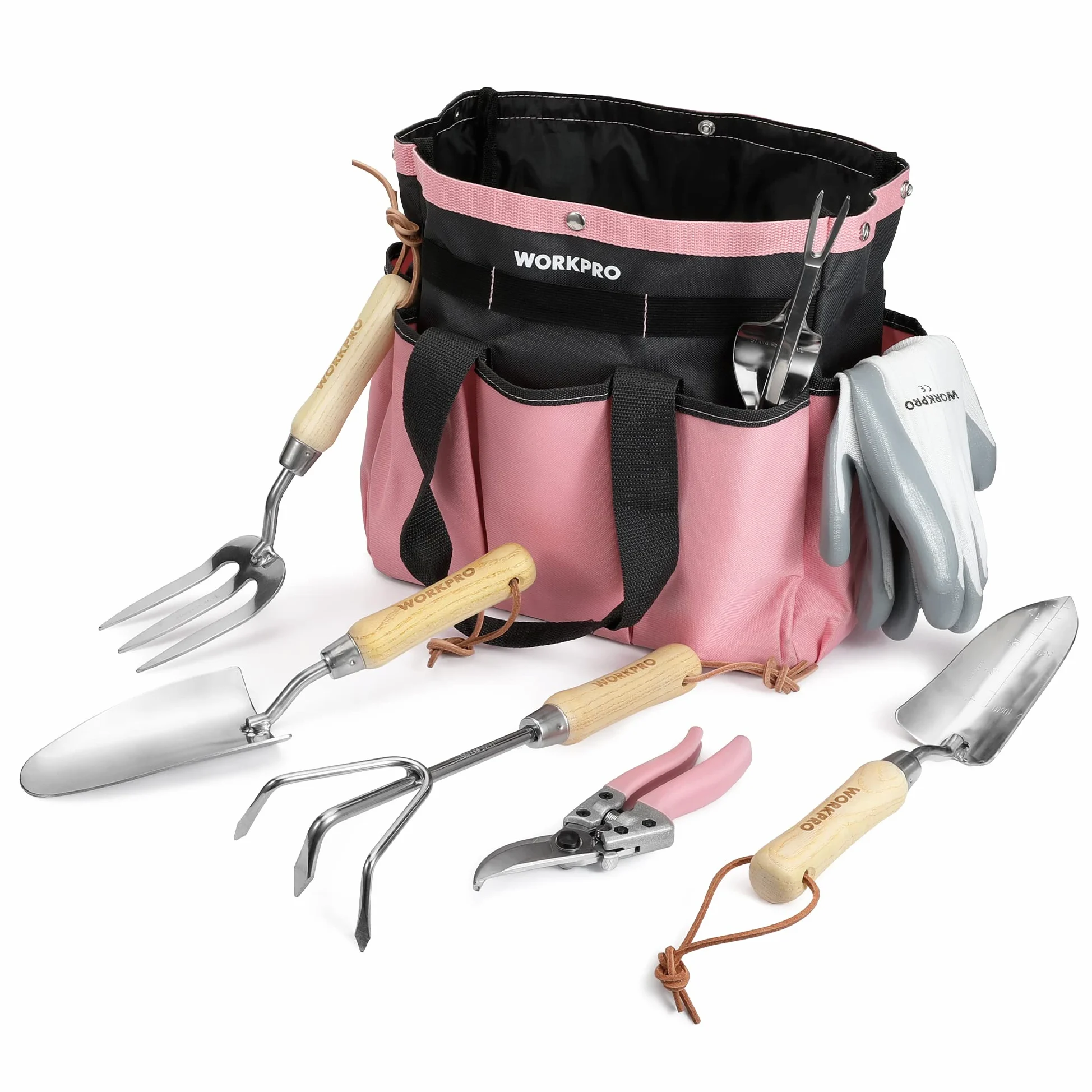 WORKPRO Ensemble d'Outils de Jardinage Rose 8 Pièces en Acier Inoxydable | Poignées en Bois, avec Sécateur, Gants, Sarcloir, Griffe, Fourche, Pelle à Terreau et Transplantoir