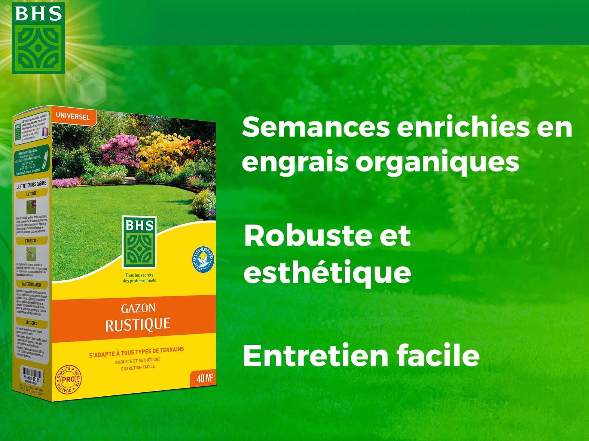 Gazon Rustique BHS GRU1 1kg 40m² Résistant Robuste Tous Terrains Climats