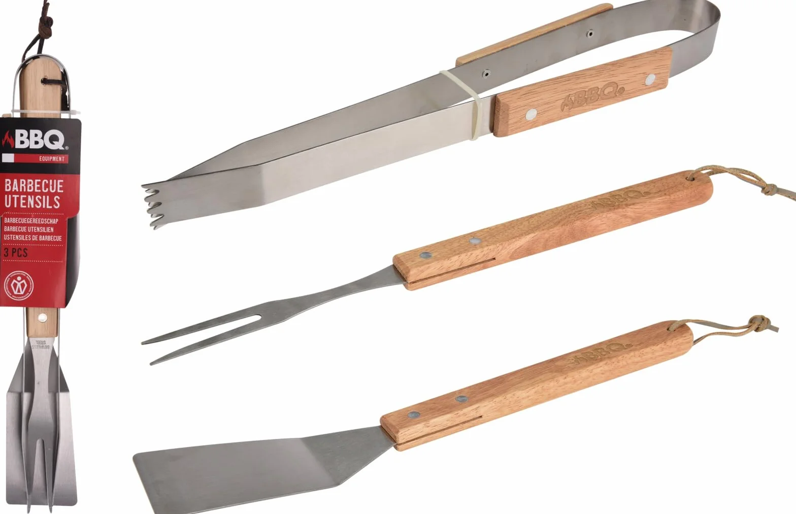 Set Ustensiles Barbecue 3 Pièces en Acier Inoxydable Spatule Pince Fourchette Accessoires BBQ