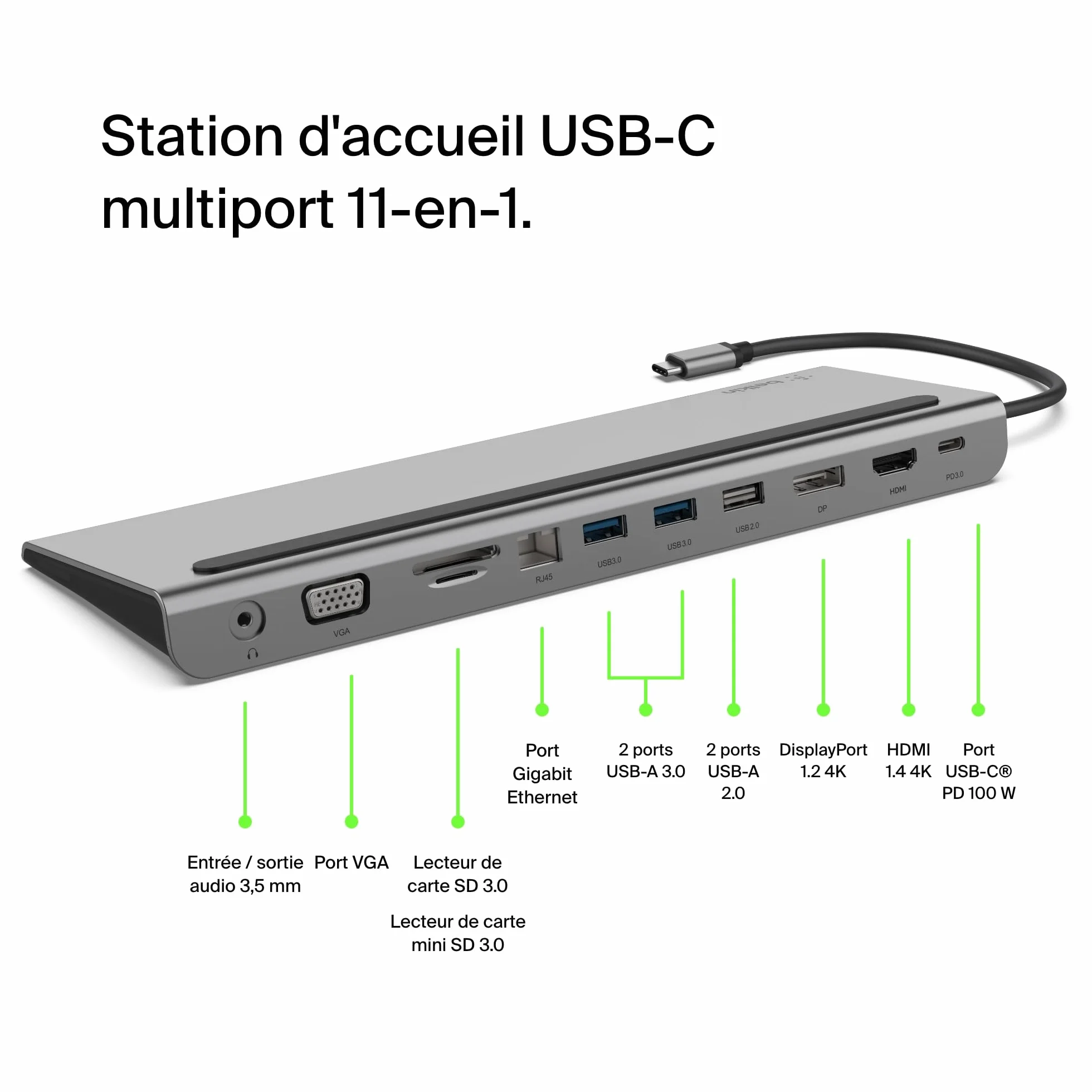 Belkin Station d'accueil USB-C multiport 11-en-1 Hub USB-C 4K HDMI DP VGA USB-C PD 100W 3 USB-A Gigabit Ethernet SD MicroSD 3,5 mm