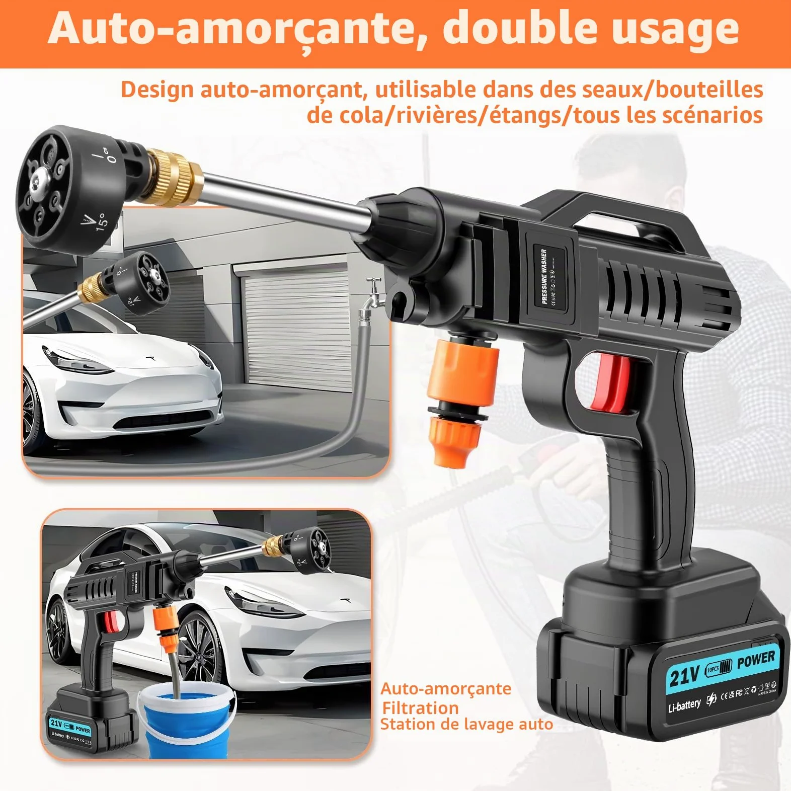 Nettoyeur haute pression sans fil Yelyee, 21 V, 100 bars, portable, avec 2 batteries lithium de 3 000 mAh, buse 6 en 1, tuyau de 5 m, débit de 270 l/h pour voiture, sols, terrasses et fenêtres.