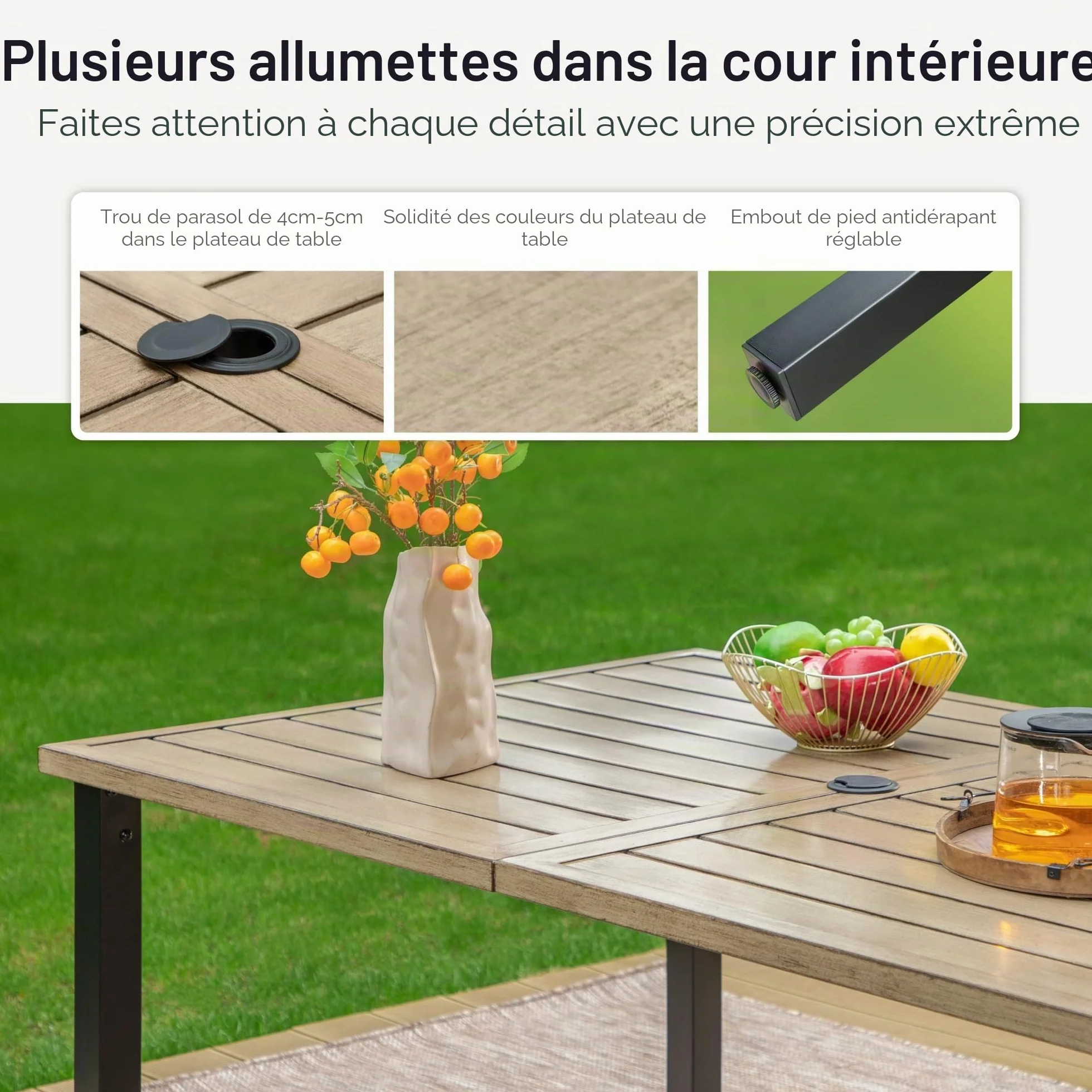 Table de jardin rectangulaire avec trou pour parasol 152 x 92 x 73 cm métal résistante aux intempéries PHI VILLA