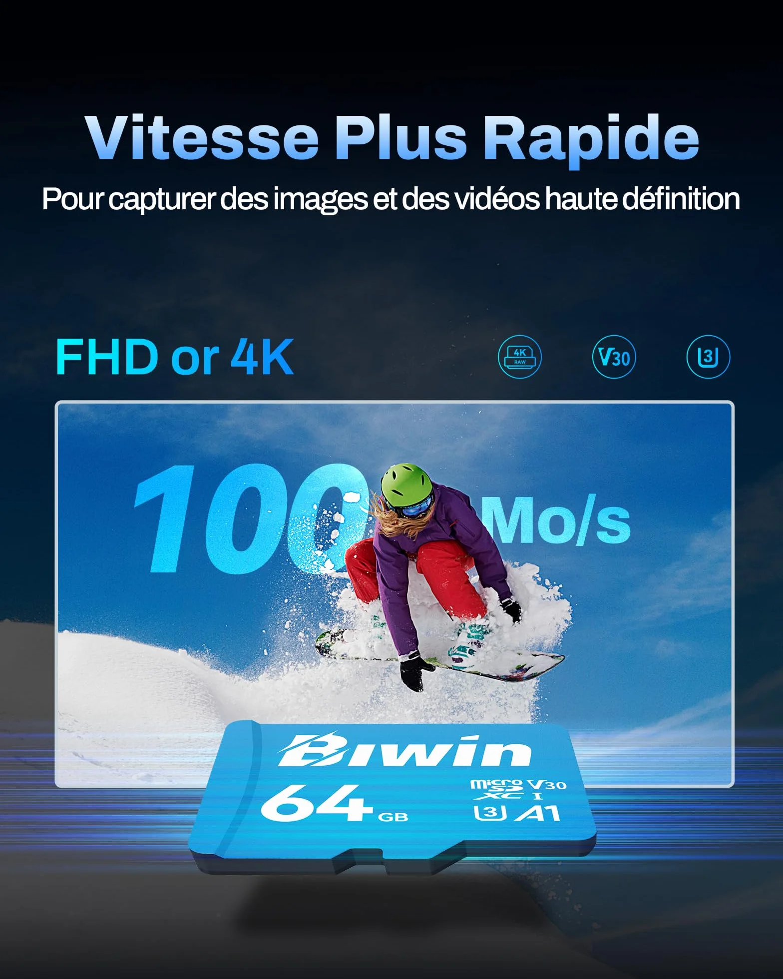 Carte Micro SDXC Biwin MS100 64 Go, MicroSD UHS-I A1 V30 U3 Classe 10, 100 Mo/s