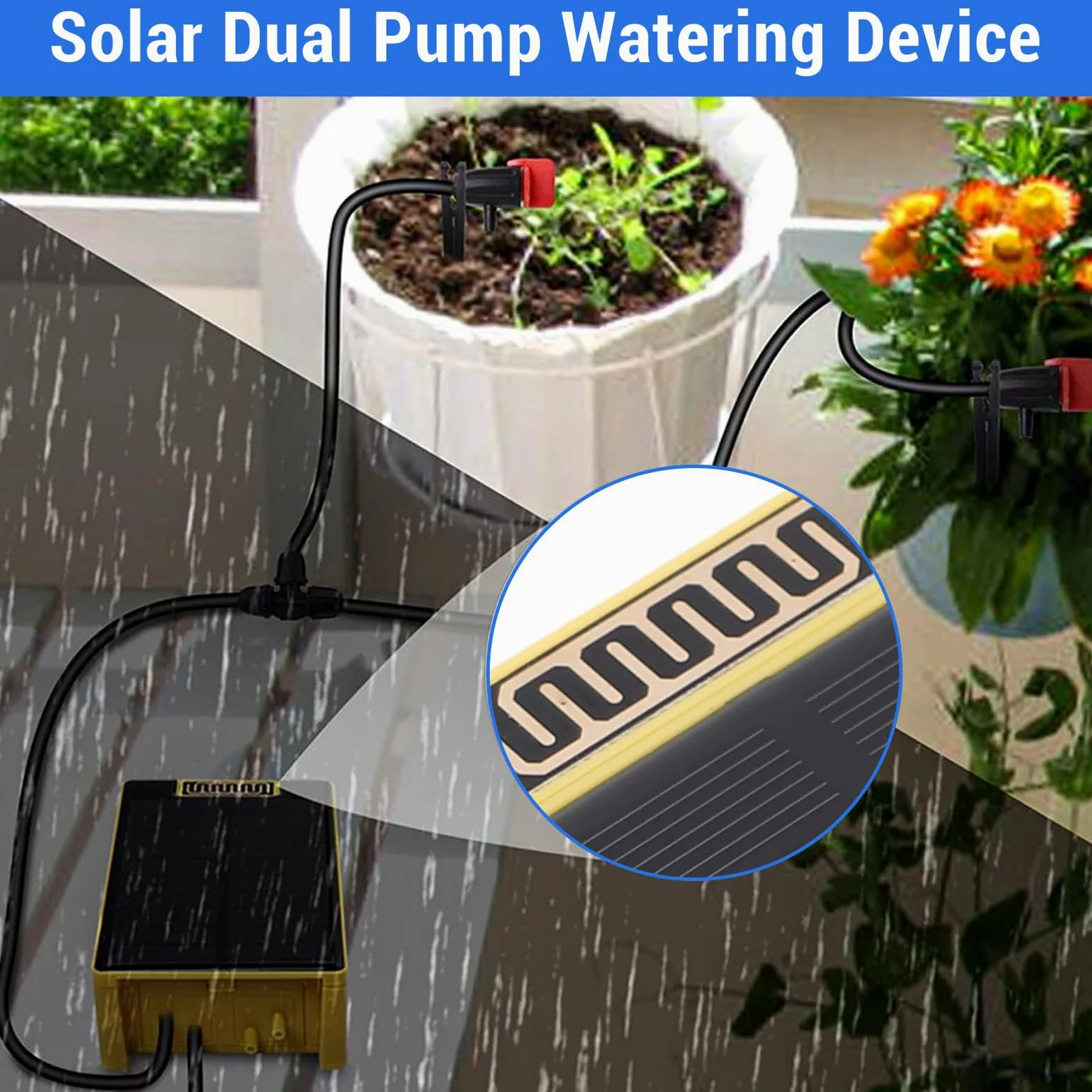 Pongnas Dispositif d'arrosage Solaire à Double Pompe avec Capteur de Pluie et Minuterie - Système d'irrigation Goutte à Goutte par Aspiration de 2 M pour Serre de Pelouse de Jardin - Sortie 1200