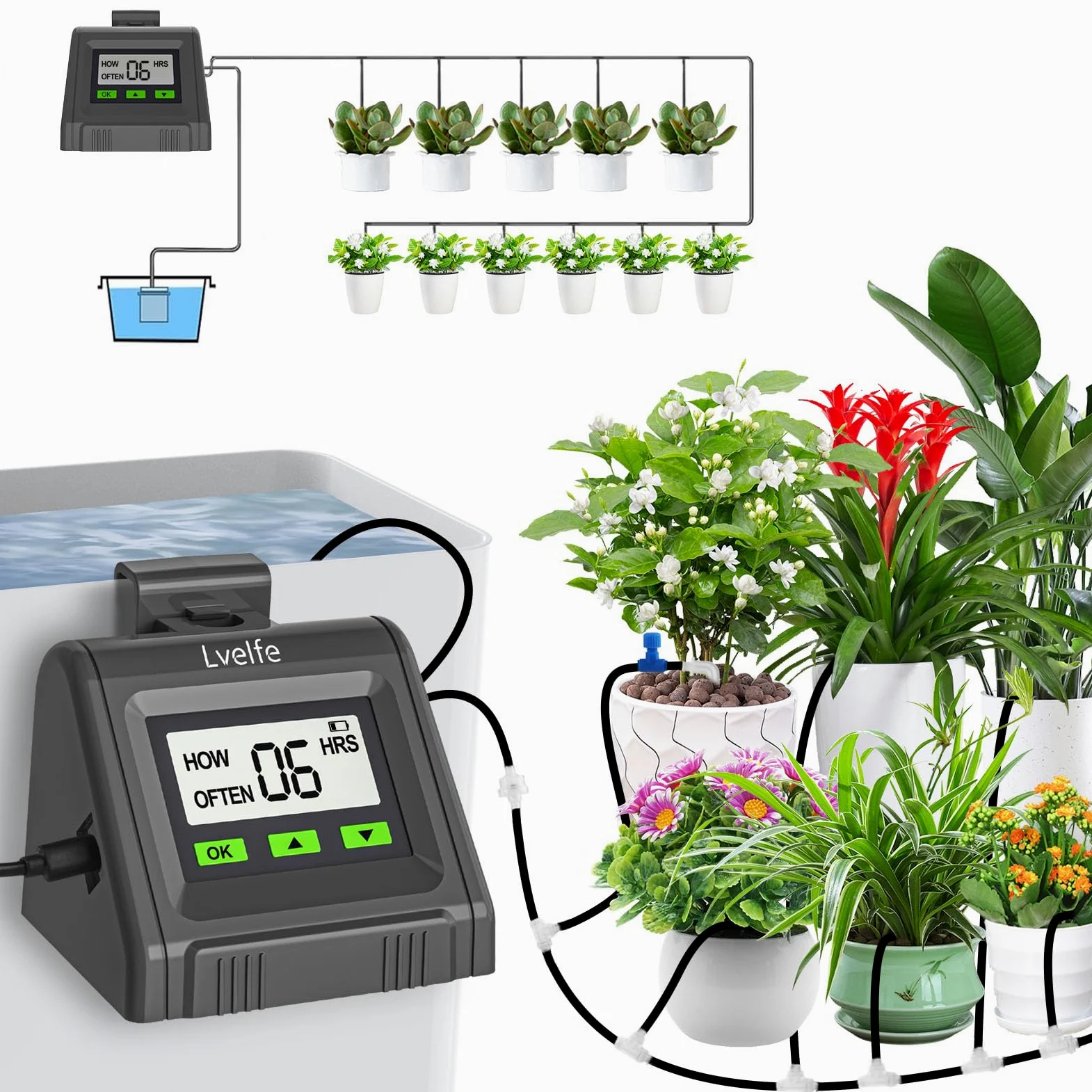 Lvelfe Système d'arrosage automatique, Kit d'irrigation goutte à goutte automatique, affichage LED et alimentation USB, système d'irrigation d'intérieur pour plantes en pot