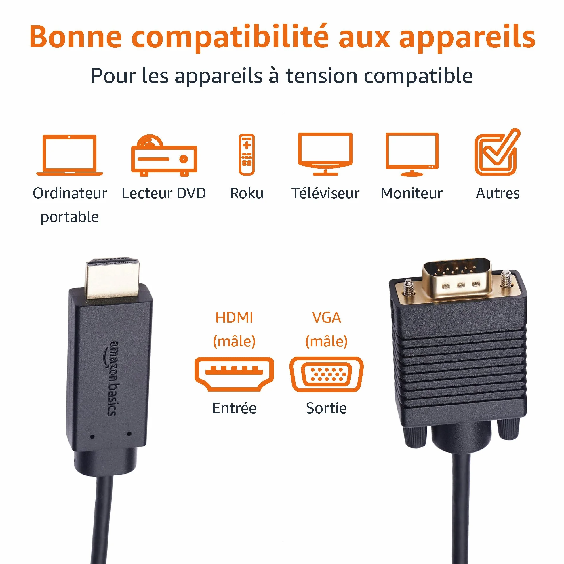 Amazon Basics Câble HDMI vers VGA 6 Feet Noir Plaqué Or