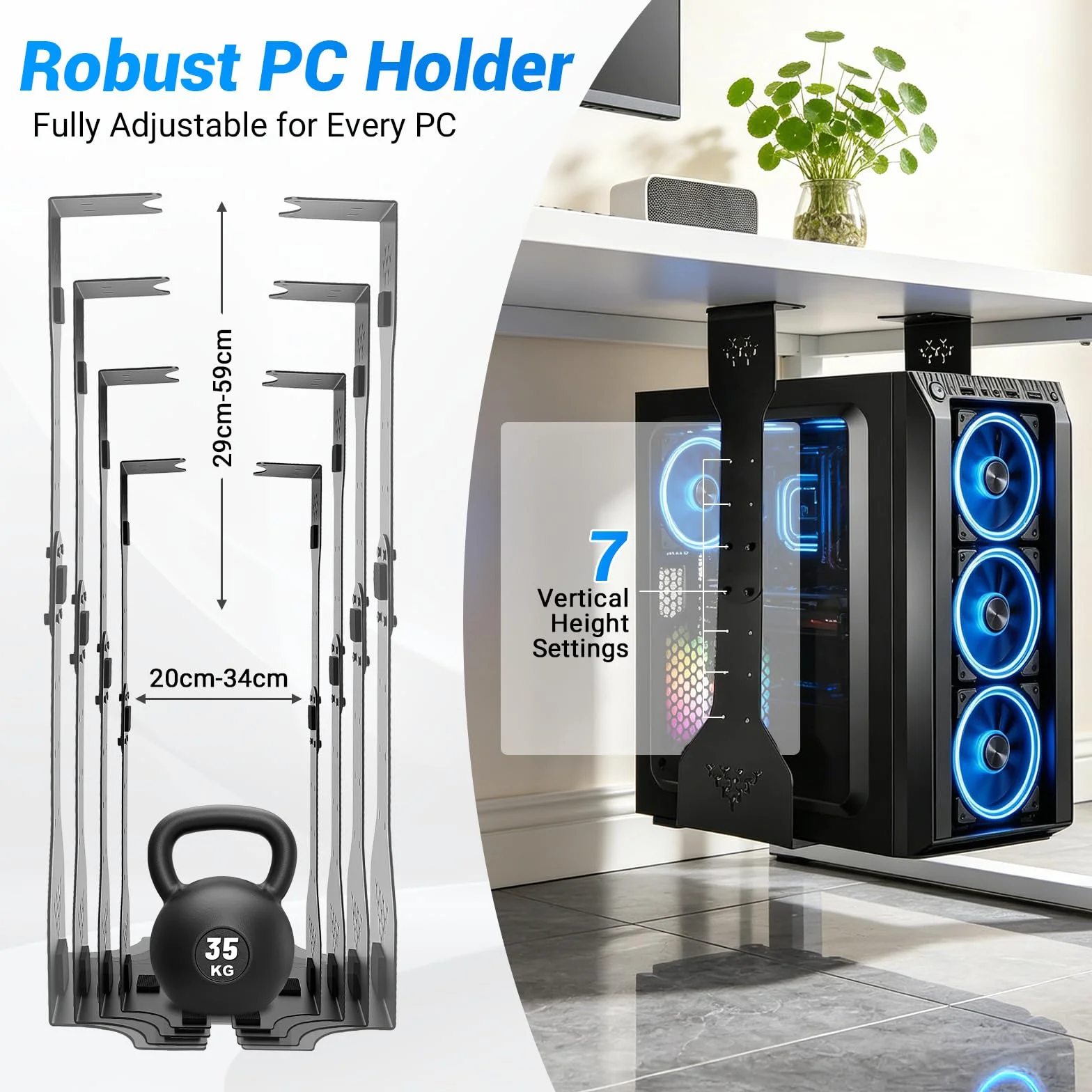 Support PC sous Bureau réglable en Hauteur 290-590 mm, Largeur 200-340 mm, Capacité 35 kg, Acier Robuste
