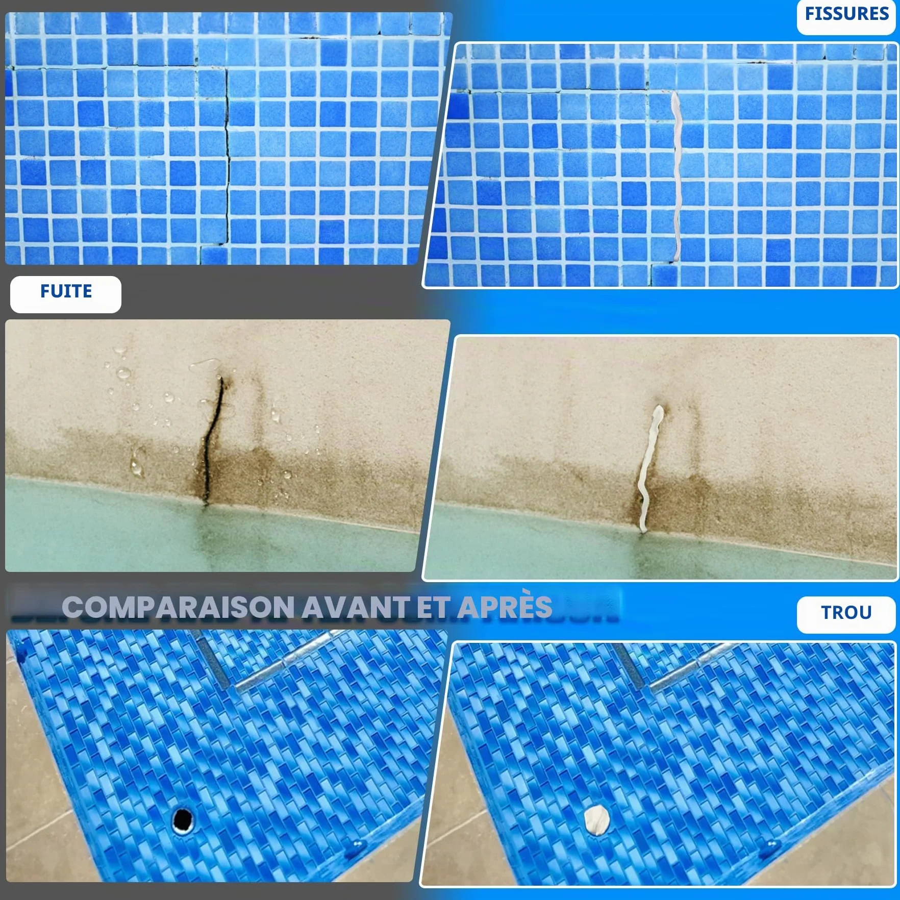 Mastic époxy 340g réparation rapide piscine sous l'eau sur l'eau 2 parties argile gravée métal carreaux plastique