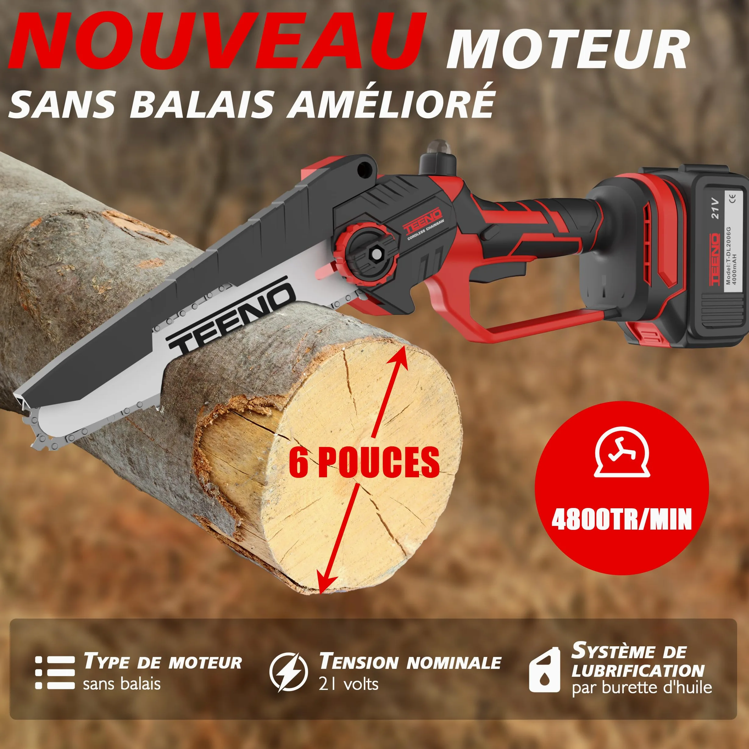TEENO Tronçonneuse électrique 2-en-1丨Avec rallonge télescopique détachable | Guide-chaîne 2*6 pouces丨2 batteries 4 Ah丨2 chaînes丨Angle réglable à 180°丨Idéale pour le jardinage et l'élagage
