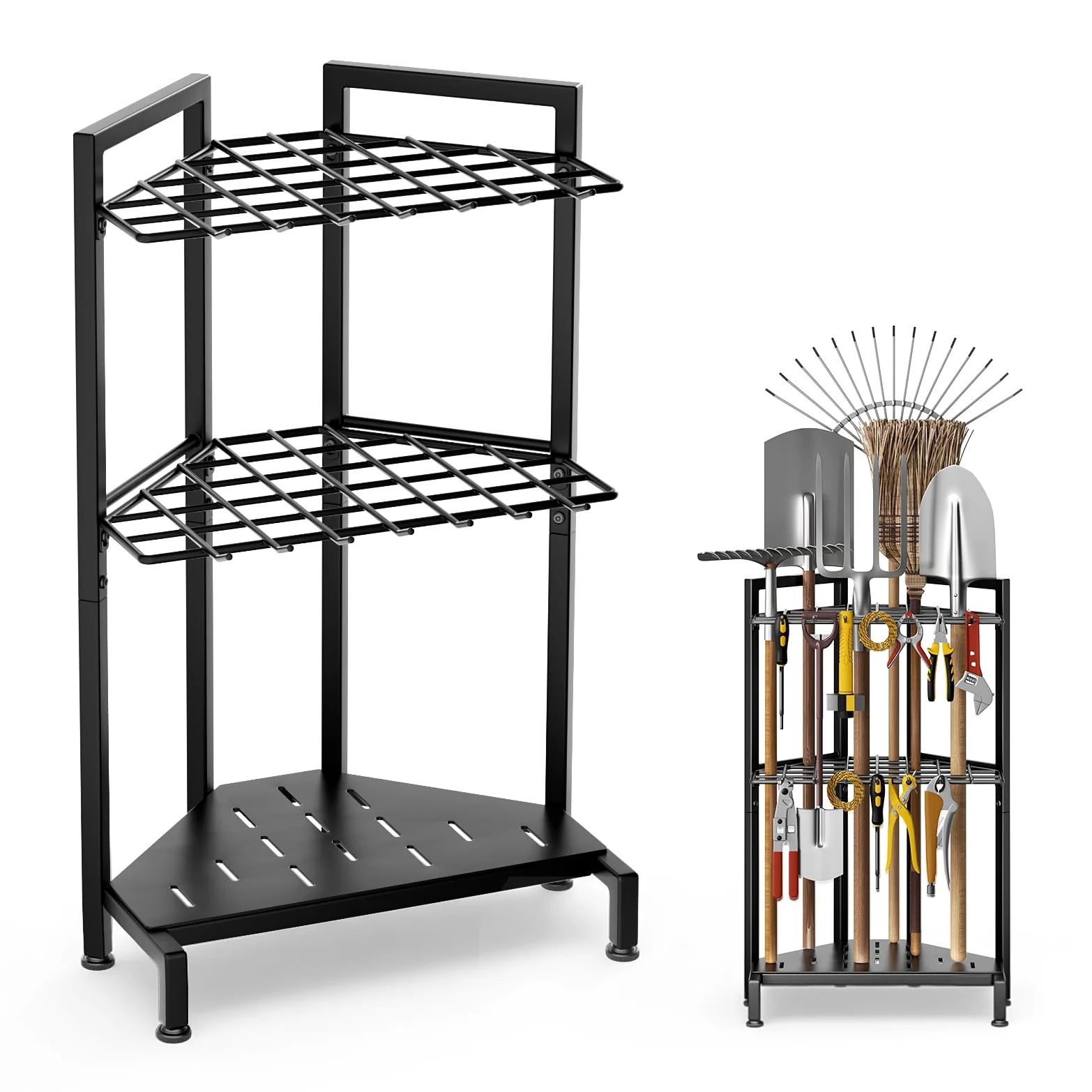 Organisateur d'outils de jardin 3 niveaux en métal, rangement pour abri, outils de jardinage avec manches longues, râteaux, balais, garage, patio, terrasse, intérieur et extérieur