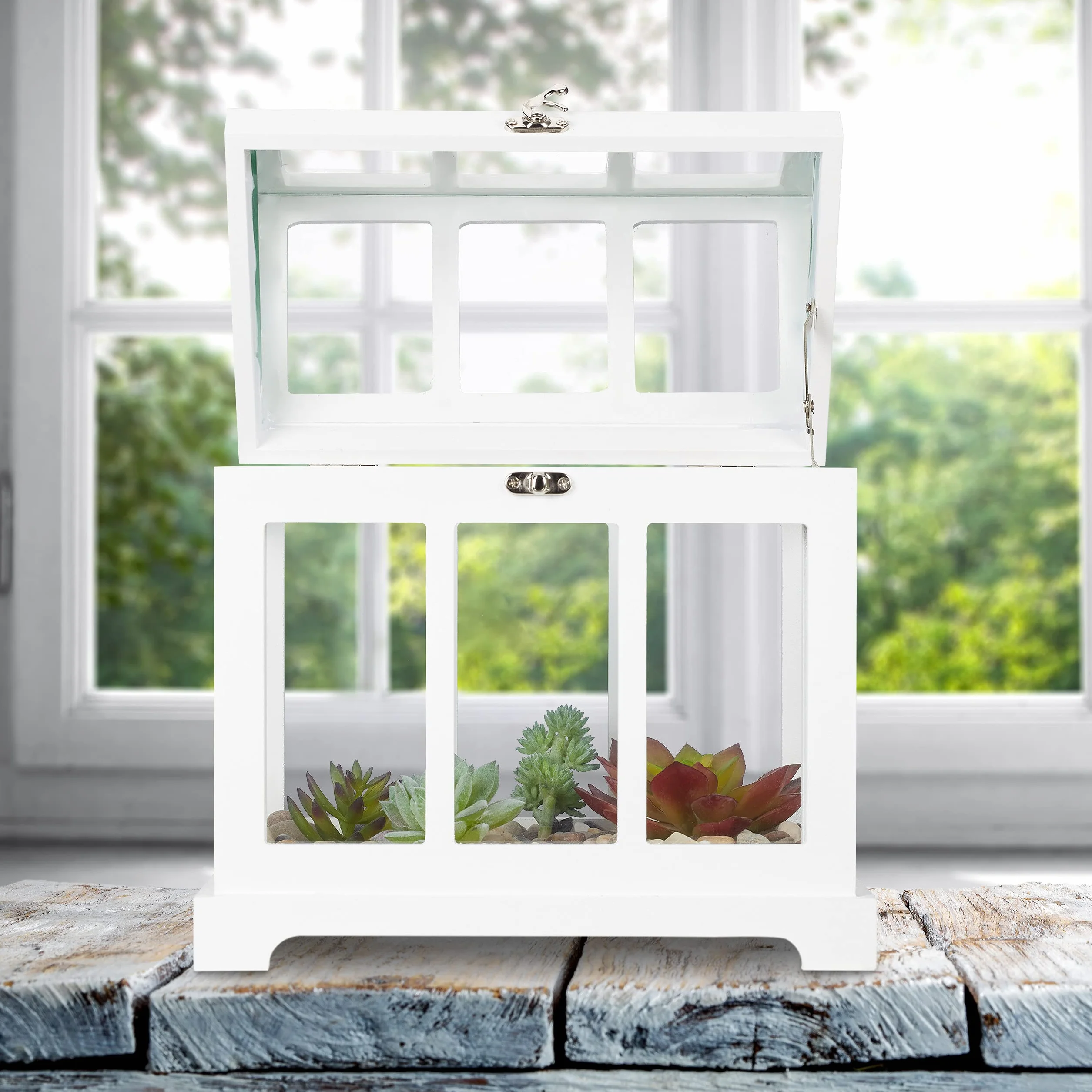 Relaxdays Mini Serre intérieur, Lot de 2, pour Le Rebord de fenêtre, en Verre et MDF, Herbes, Fleurs, 2 Tailles, Blanc