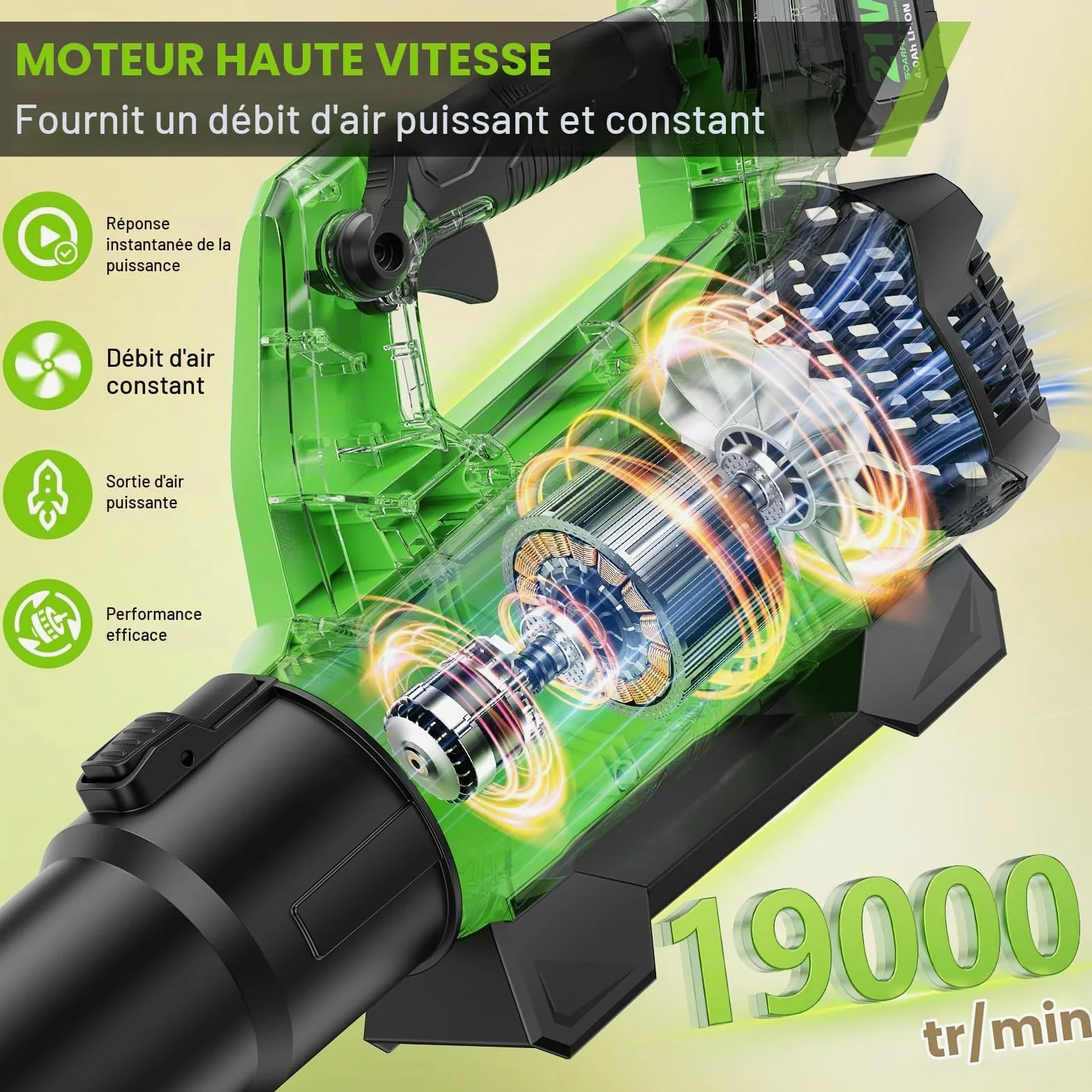 SOARFLY Souffleur de Feuilles sans Fil avec 2×4,0Ah Batterie et Chargeur, Moteur 21V 19 000 TR/Min, 257 km/h / 985 m³/h, Vitesse réglable, léger pour Jardin, terrasse et allée