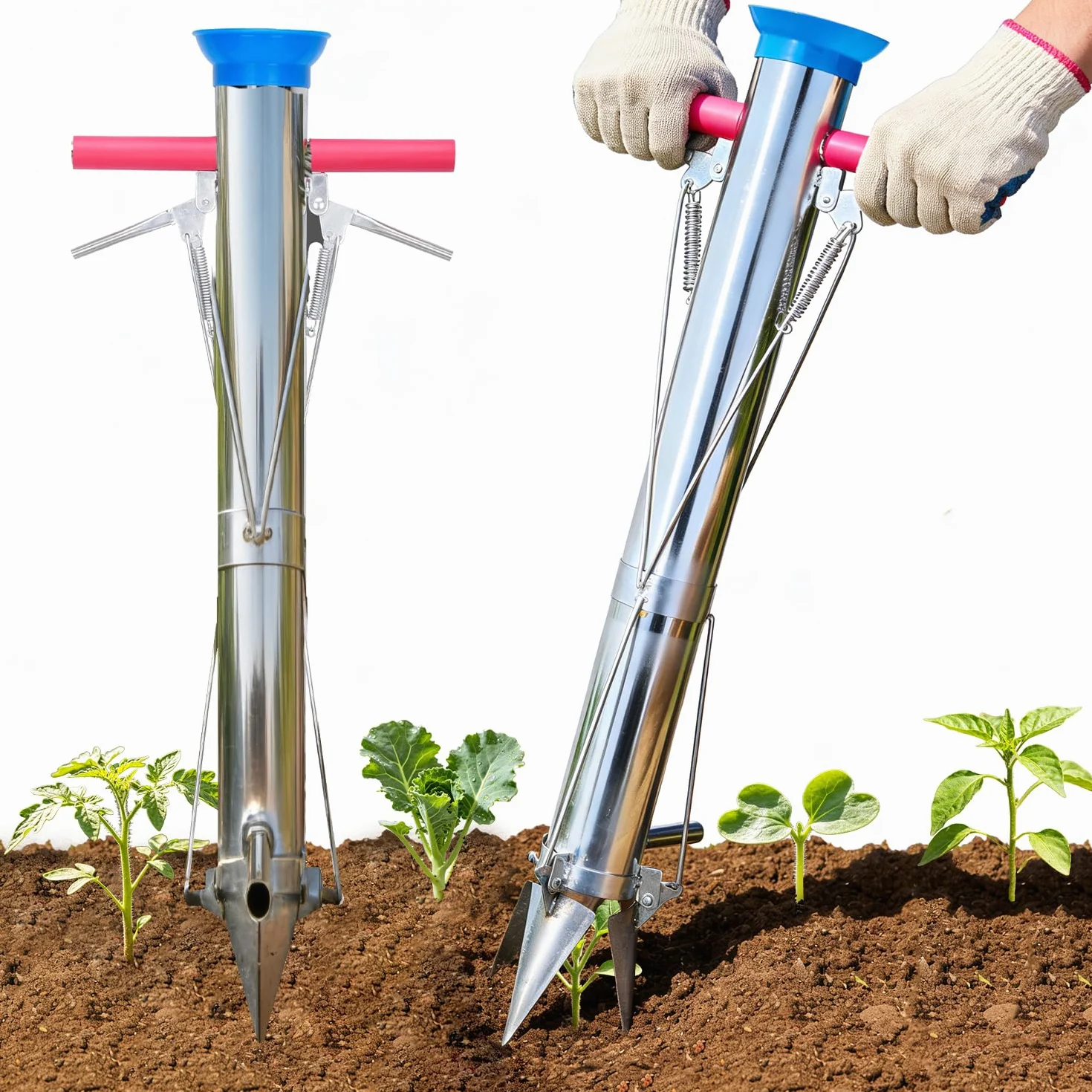 BAUSATZ Lot de 2 outils de transplantation de bulbes de jardin, outil de jardinière de bulbes de 86,4 cm de long, en acier inoxydable, pour transplanter des légumes, planteur de semis | Lot de 2 pièces