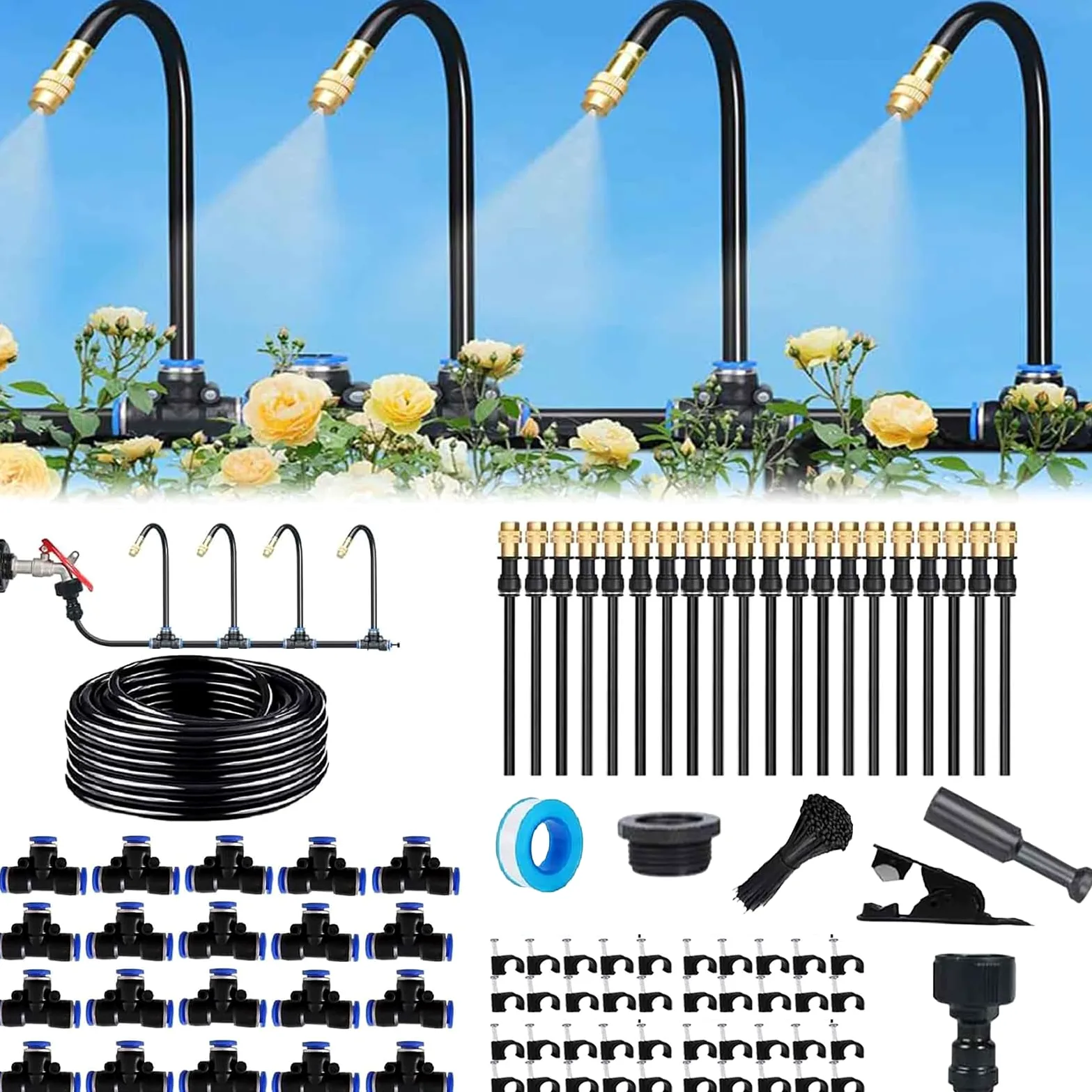 Système d'irrigation automatique de jardin à 360 ° - Tuyau d'arrosage automatique - Kit d'irrigation à brouillard - Buse réglable - Pour arrosage des plantes de jardin et de balcon en plein air (20 m)