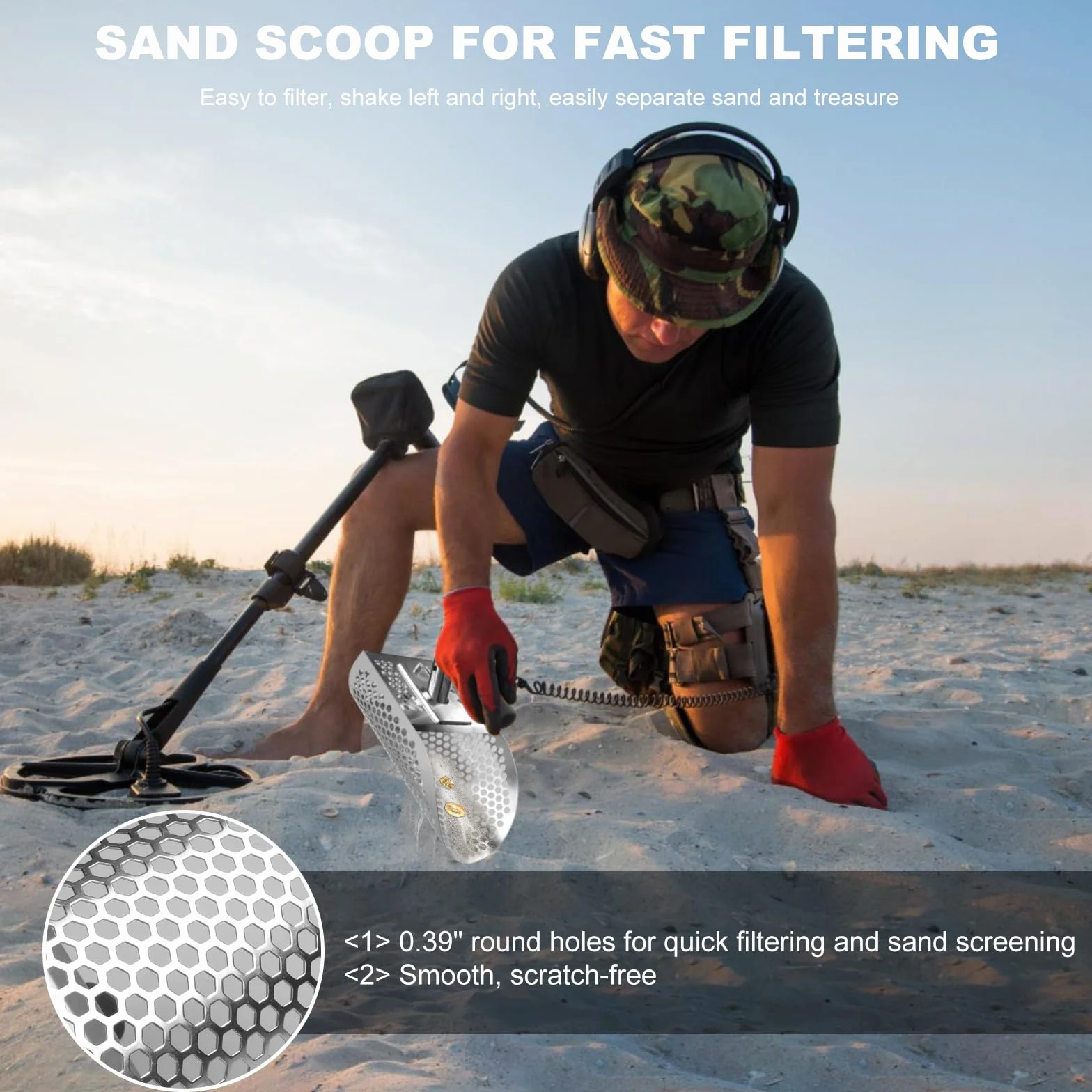 Pelle à Sable en Acier Inoxydable 304 pour Détection de Métaux, Manche Démontable 114cm, Anti-Rouille