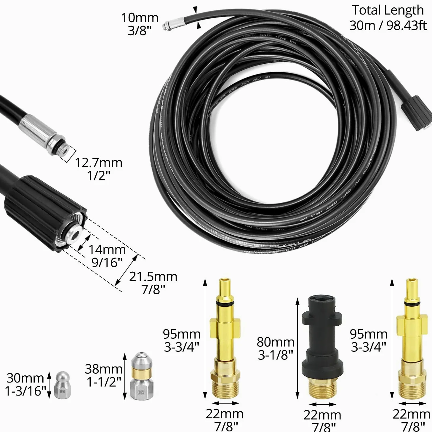 QWORK® Tuyau de nettoyage de tuyaux 30M 180bar, tuyau déboucheur flexible, avec adaptateur, compatible avec les nettoyeurs haute pression K-Series K2, K3, K4, K5, K6, K7