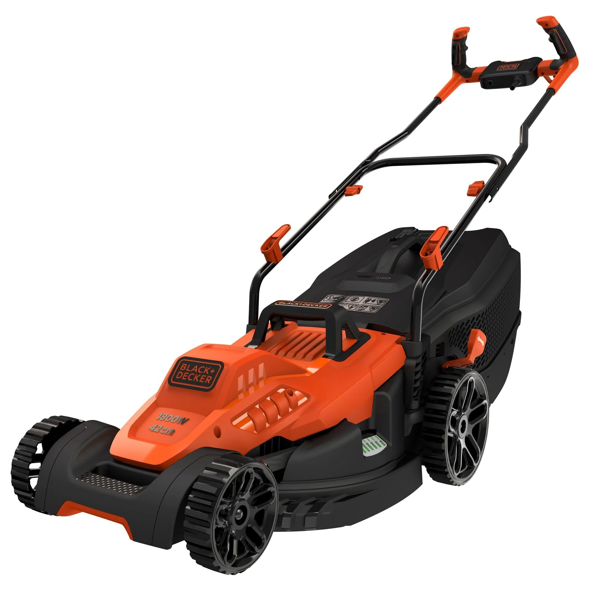 BLACK+DECKER Tondeuse Filaire 1800W, Tondeuse à Gazon Electrique 42 cm, 6 hauteurs réglables 20, 30, 40, 50, 60 et 70 mm, Tondeuse avec Poignée Bike, BEMW481BH-QS