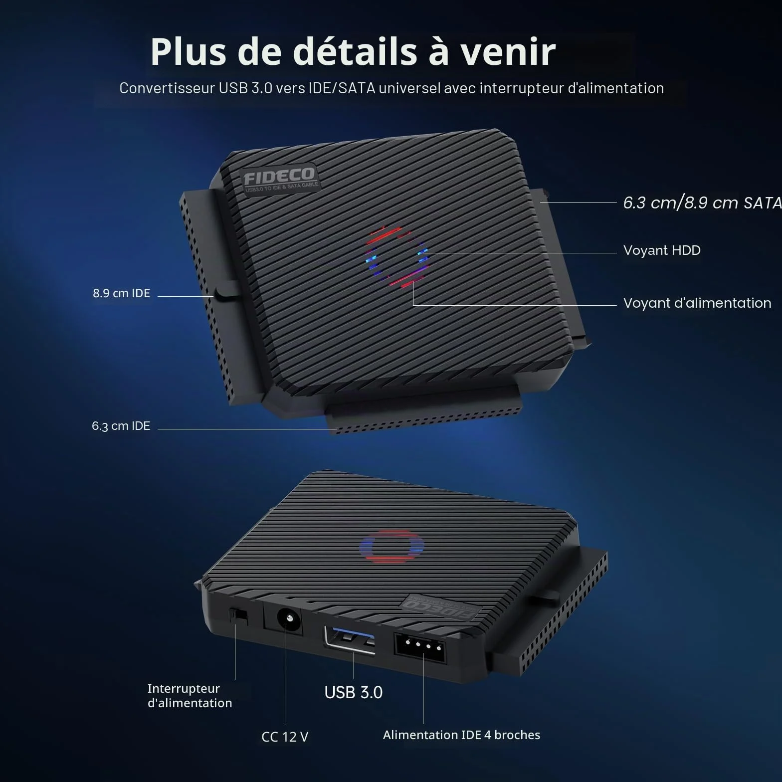 FIDECO Adaptateur USB 3.0 SATA IDE pour disques durs SSD 2,5" 3,5" avec alimentation 12 V