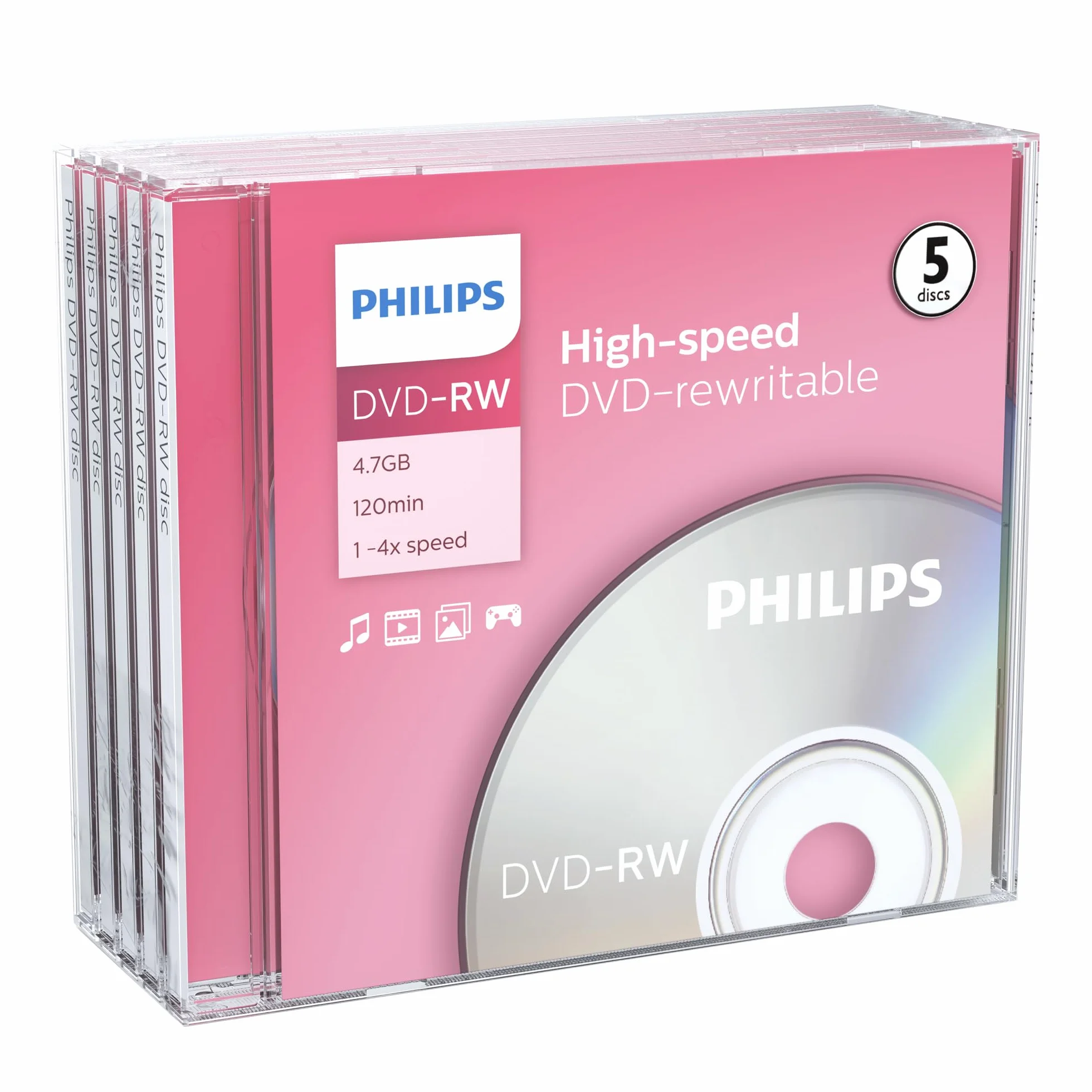Philips DVD-RW High-Speed 4,7 Go 120 Min 1-4x Jewel Case 5 pièces réinscriptible