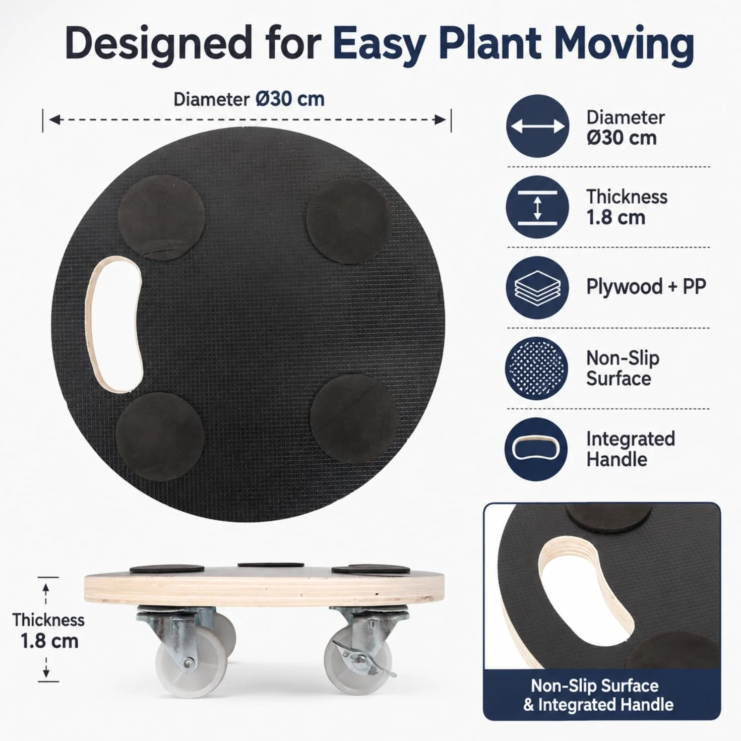 Green>it® Chariot à Plantes en Bois plaqué Ø 30 cm