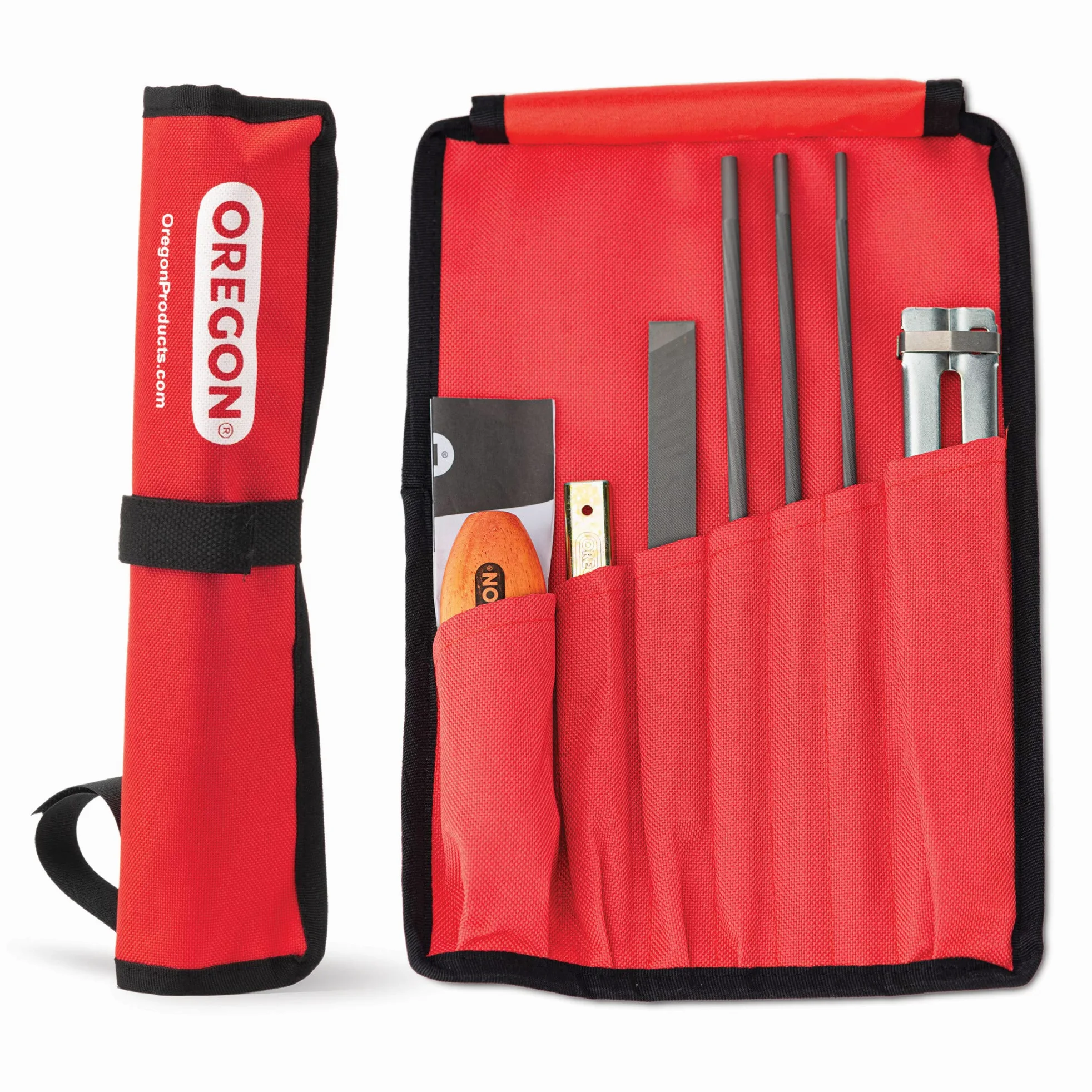 Oregon - Huile pour Chaîne et Guide-Chaîne de Tronçonneuse, 5 L & Kit d'Affûtage Universel Portable pour Tronçonneuse, Limes Rondes 5/32" (4 mm) / 3/16" (4,8 mm) / 7/32" (5,5 mm), Lime Plate, Manche