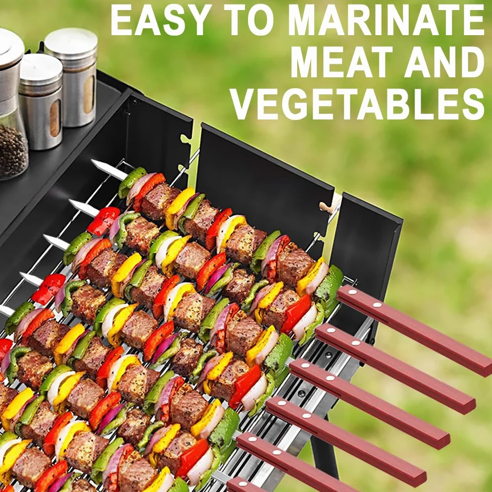 Brochette Inox 35cm Pic à Brochette avec Manche en Bois Réutilisable Résistante à la Chaleur Barbecue 10 Pièces