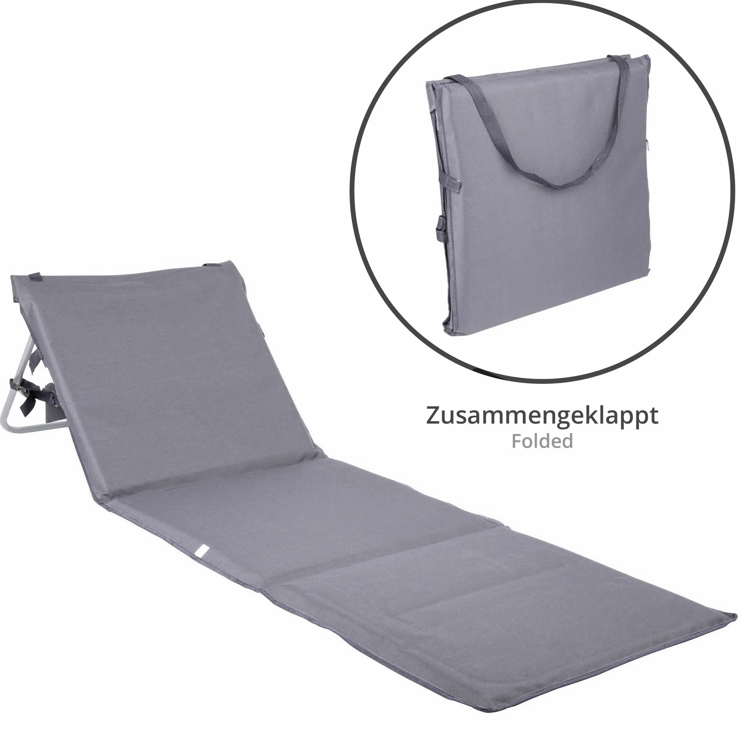 ONVAYA Tapis de plage de qualité supérieure - Rembourré - 2 cm - Avec dossier - Chaise longue de plage pliable - Matelas de plage - Tapis de soleil avec sangle de transport - 161 x 55 x 45 cm