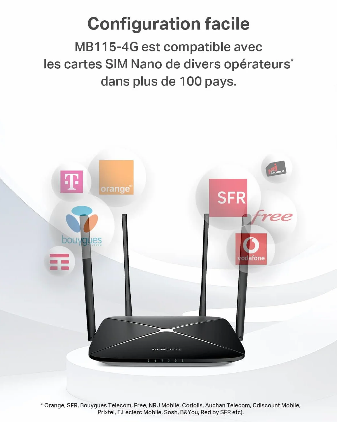 Mercusys MB115-4G Routeur 4G LTE WiFi 300 Mbps 2.4 GHz Carte SIM Nano 4 Antennes