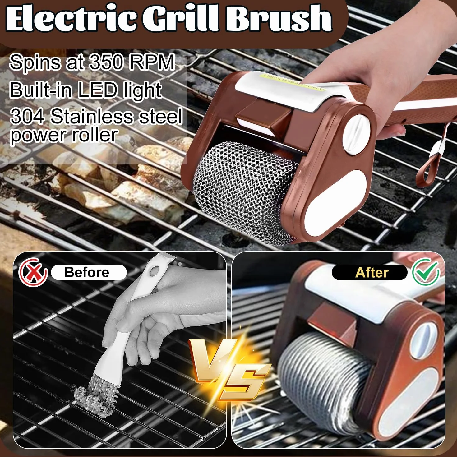 Vibbang Nettoyeur de gril électrique sans fil, Brosse Barbecue acier inoxydable 304, 350 TR/Min