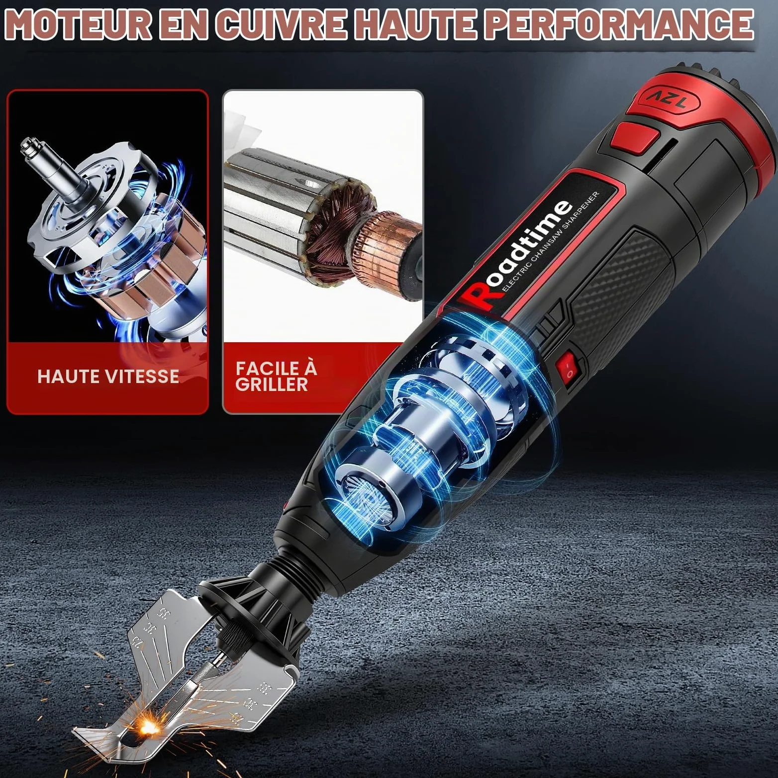 Kit affûtage électrique pour tronçonneuse avec batterie 1300 mAh | Affûteur de tronçonneuse sans fil, 9 têtes, tête brosse alliage, guide d'angle, Mini meuleuse électrique portable
