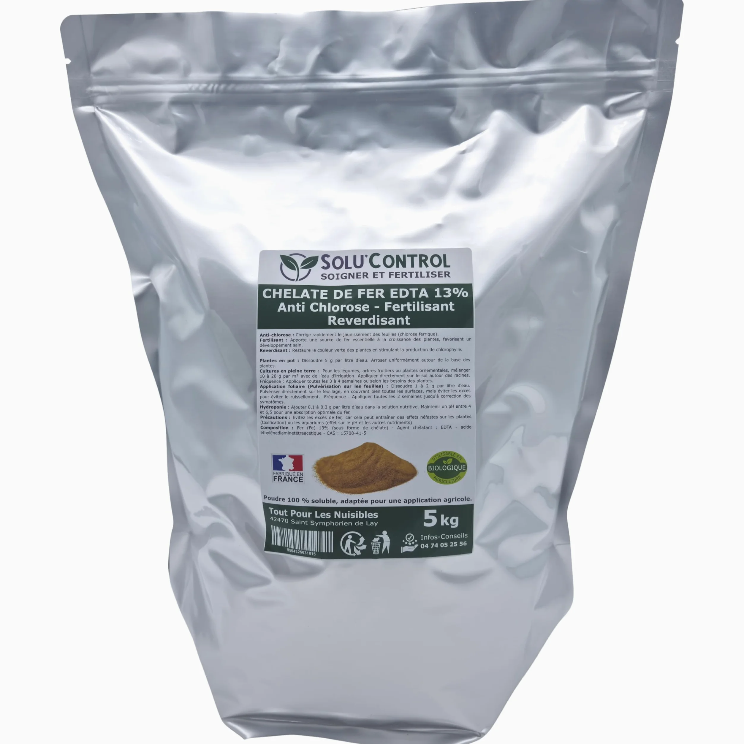 Solu'Control Chélate de Fer EDTA 13%, Anti-chlorose, Fertilisant, Reverdissant, 5 kg