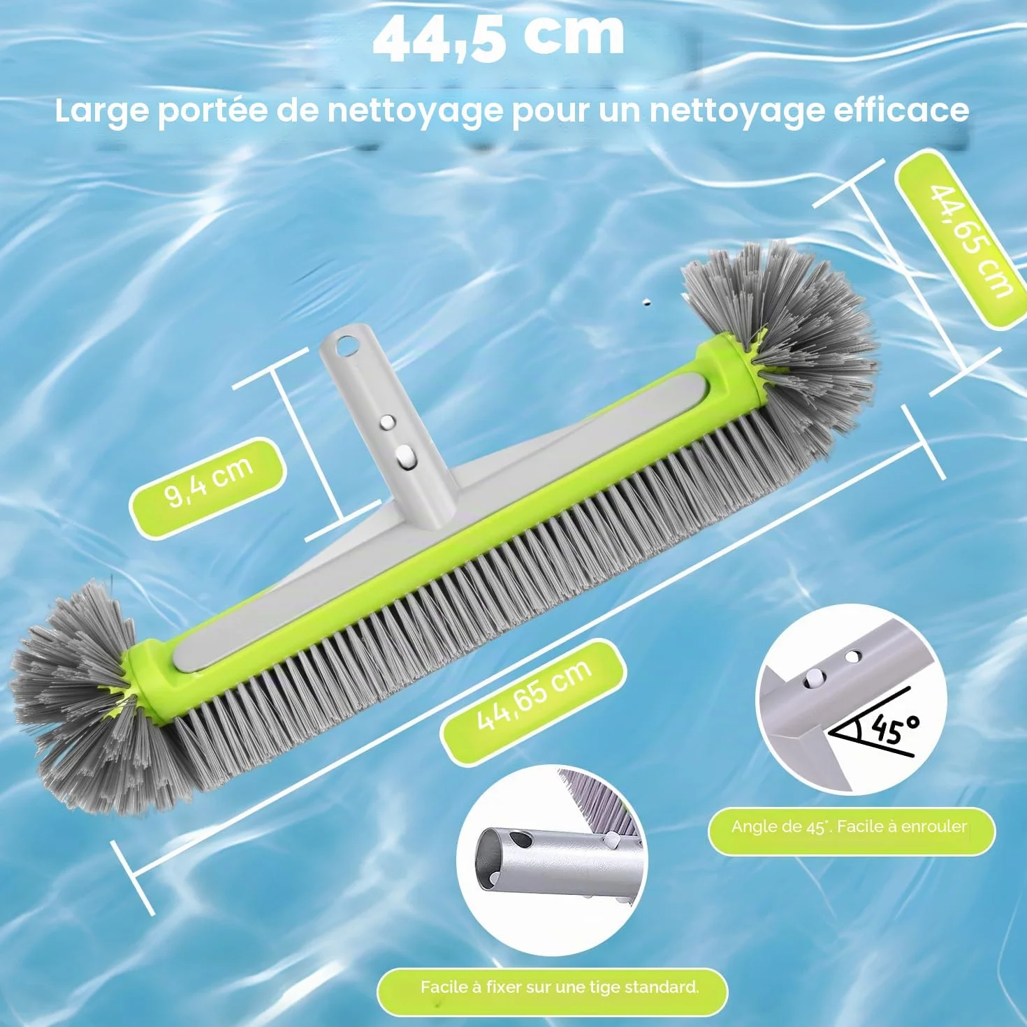 Tête de Brosse de Piscine 45cm Balai Piscine Brosses Poils Robustes Manche Aluminium Hémisphérique Mur Sol