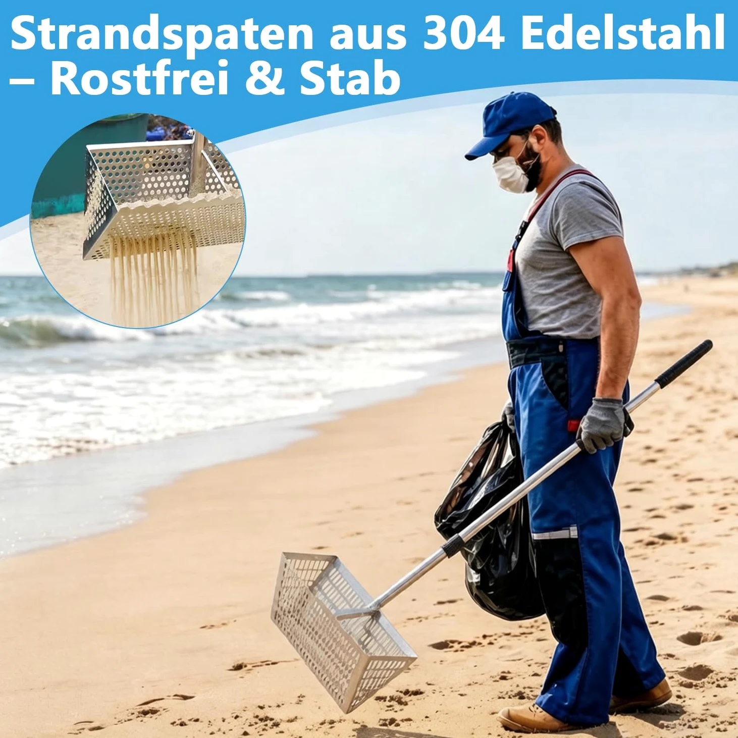 Râteau à sable de plage - Pelle à sable et tamis en acier inoxydable - Extra large - 40 cm de large avec dents de requin et manche amovible de 140 cm de long - Outil de chasse au trésor sur la plage