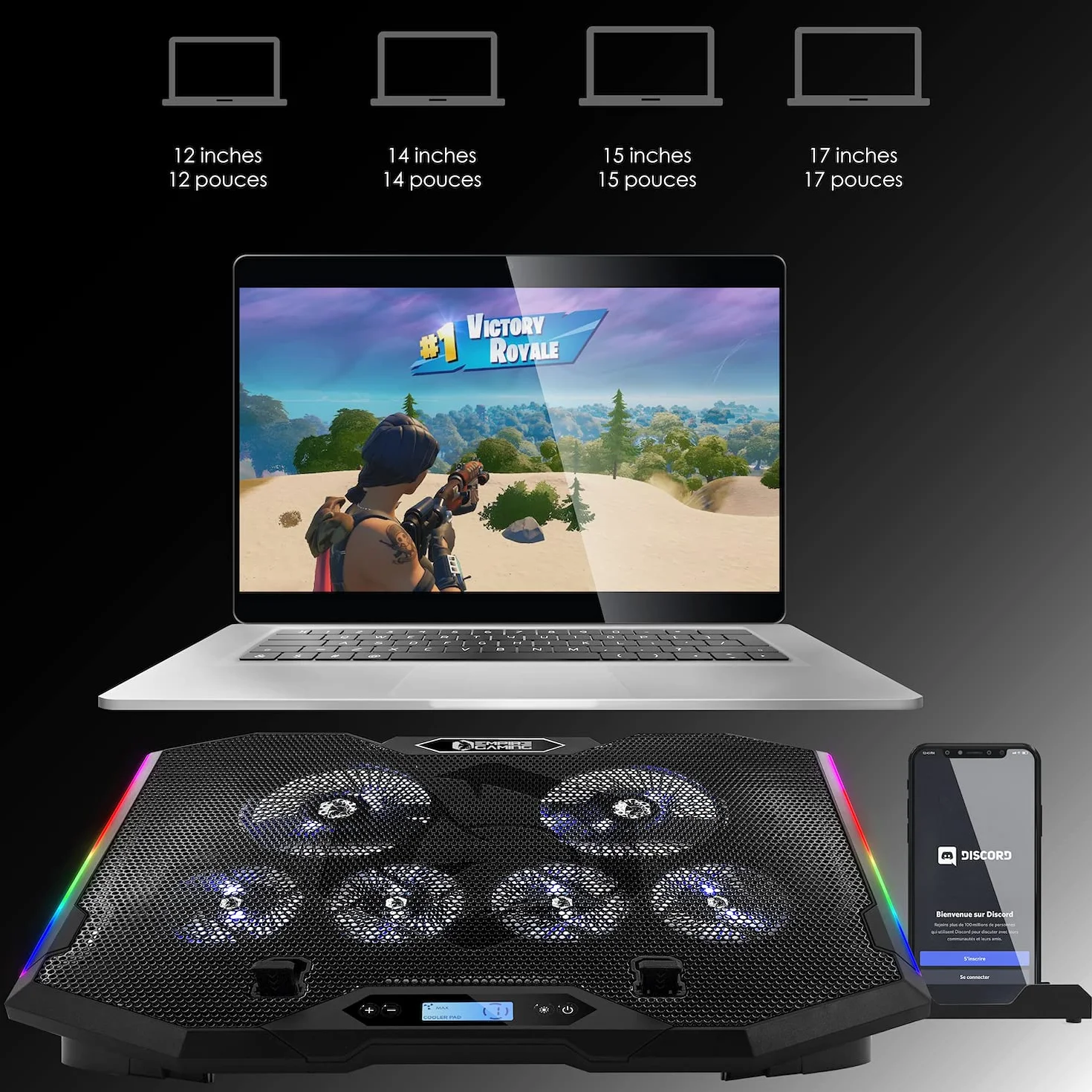 EMPIRE GAMING Guardian S-C100 Refroidisseur PC Portable RGB Gamer 6 Ventilateurs Contrôleur LCD 5 Hauteurs Réglables Compatible 12-17 Pouces Noir