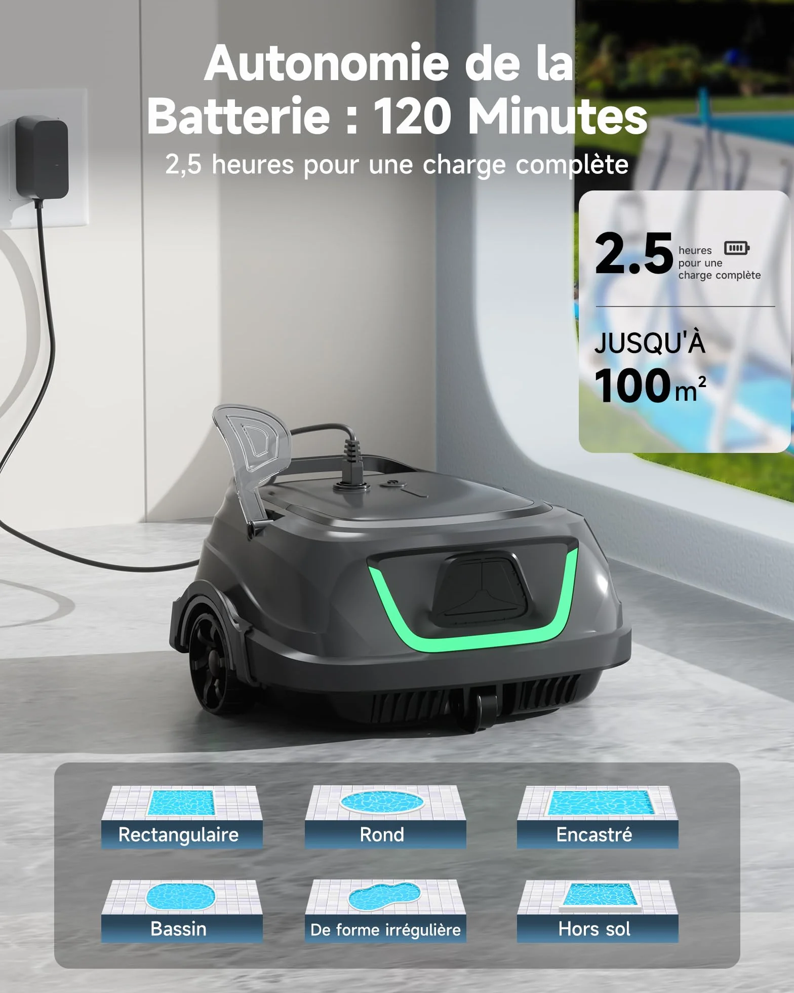 WYBOT A1/OS2010 Robot Piscine sans Fil pour Piscines Hors-Sol, Aspirateur Automatique, 120 Min Autonomie, Double Filtration, LED, 4 Modes