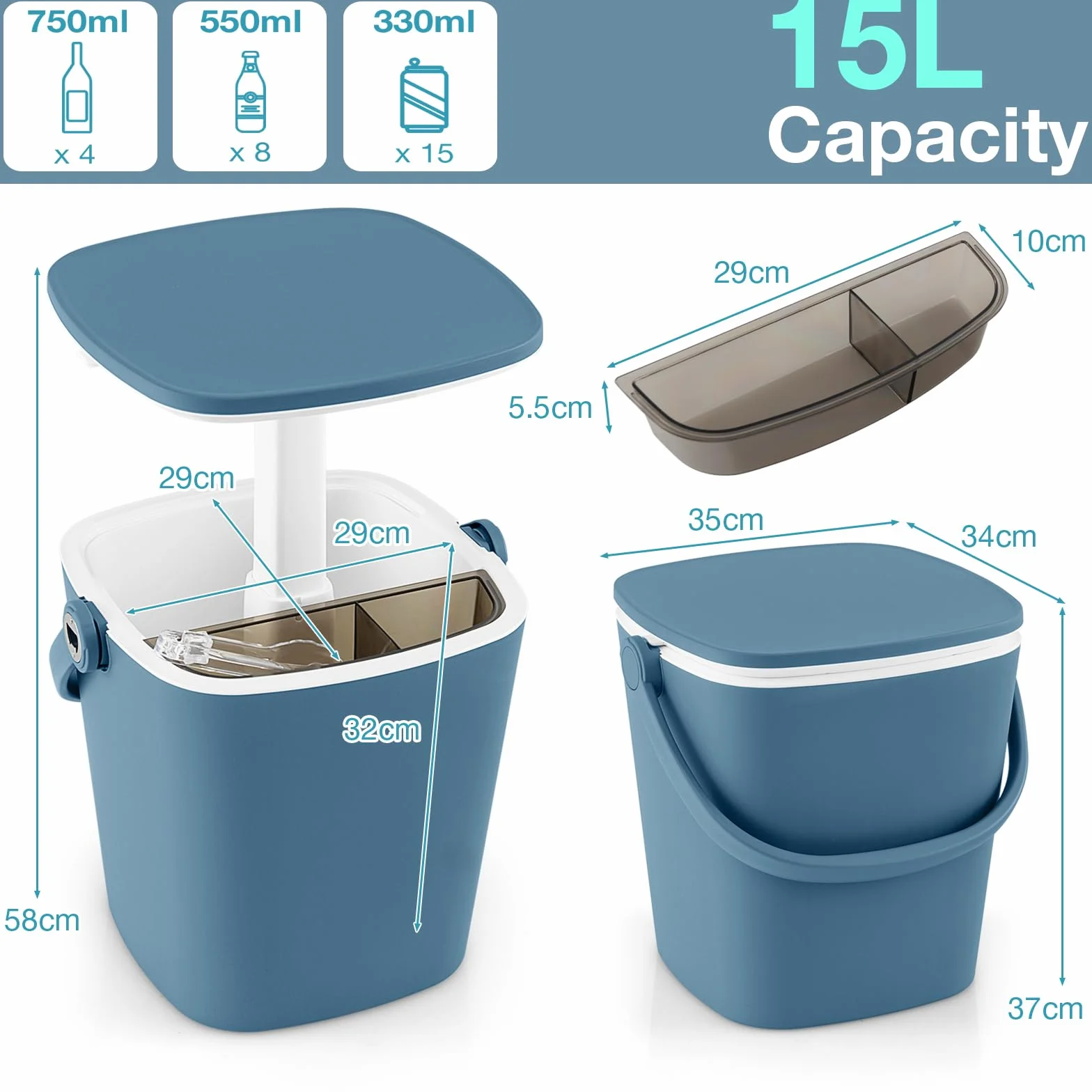 SOARS Bar Exterieur 3 en 1 15L Table d'Appoint Réglable en Hauteur 35 x 34 x 37-58 cm avec Boîte à Glace, Pince, Refroidissiment Jusqu'à 6H, Table pour Jardin Piscine Salon Chambre Bleu