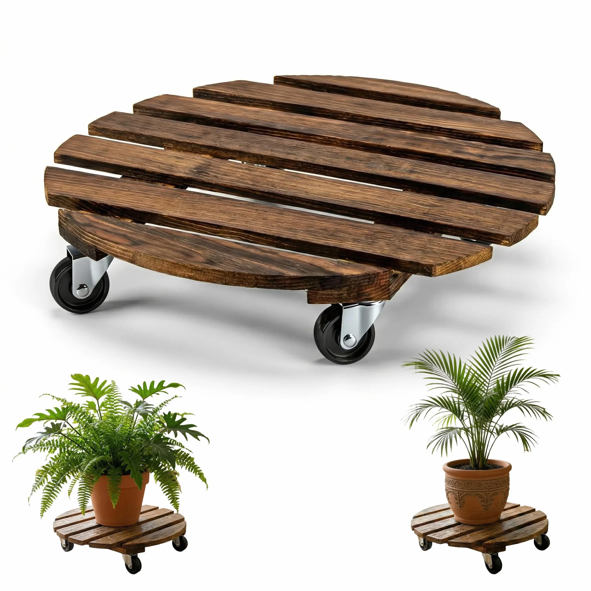 Bois Porte Plante à Roulettes Rondes Chariot Ø 30cm Capacité Charge 120 kg Roues 4 Blocages