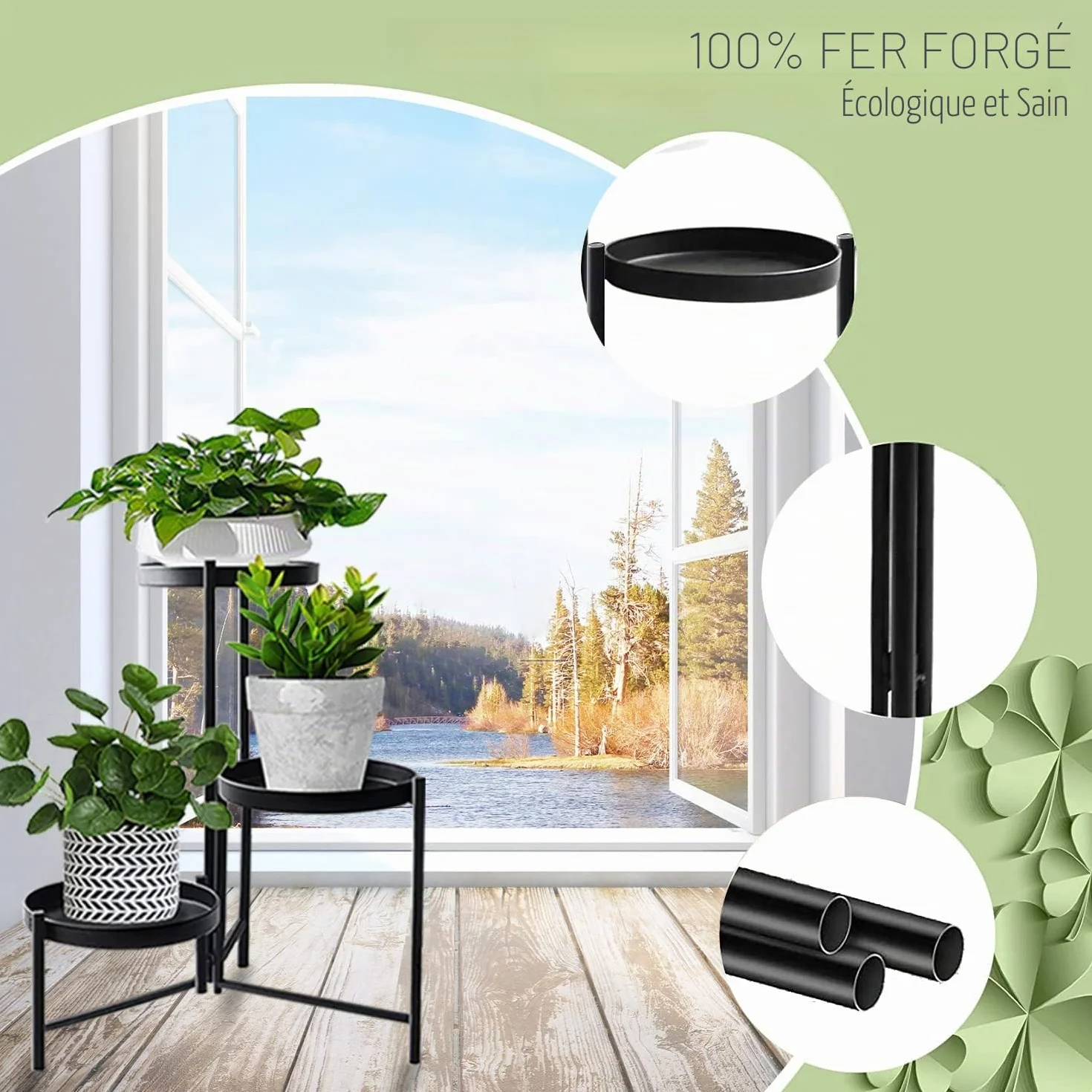 Support de plantes en métal 42 cm 3 étagères fer forgé présentoir d'angle vertical