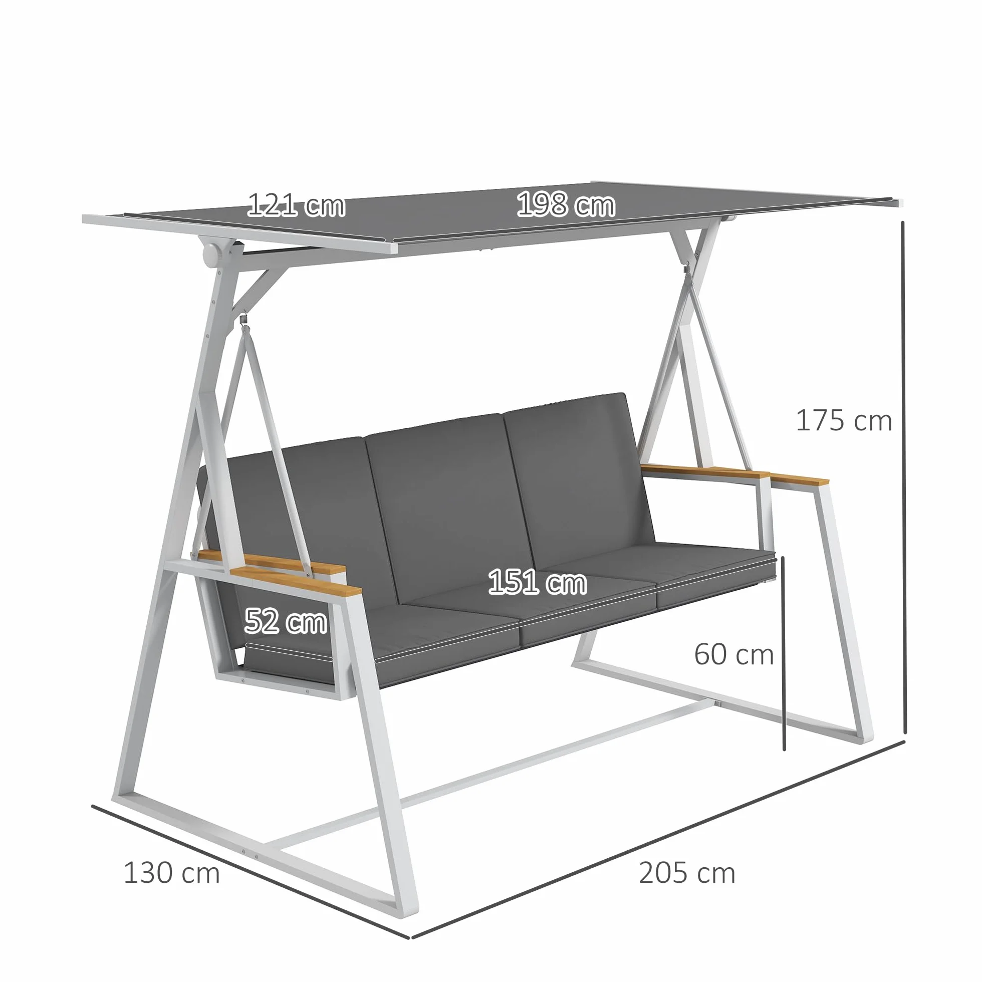 Outsunny Balancelle de Jardin 3 Places Toit Inclinaison réglable Matelas 205x130x175 cm Cadre Acier Gris