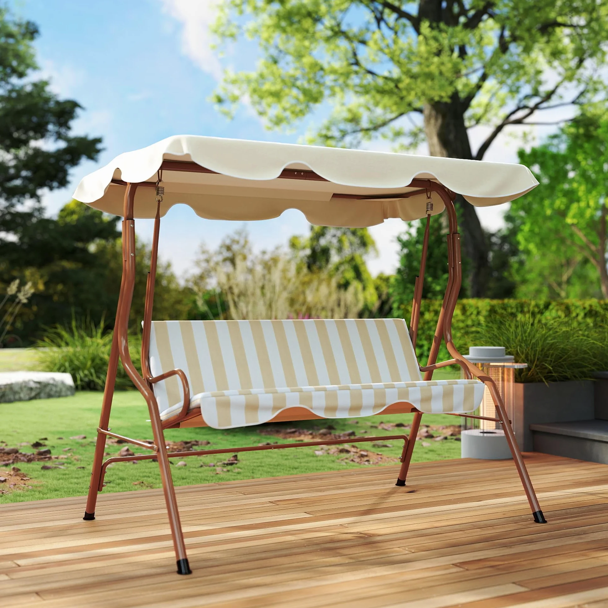 Outsunny Balancelle de Jardin 3 Places Toit imperméabilisé Inclinaison réglable Acier Polyester Marron crème rayé