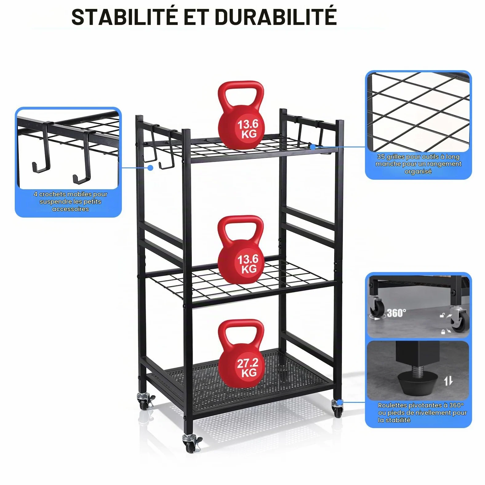 efuturetime Organisateur d'Outils de Jardin 35 Emplacements, 80 × 43 × 30cm | Support Rangement en métal, 3 Niveaux avec roulettes pour Garage Pelouse Abri
