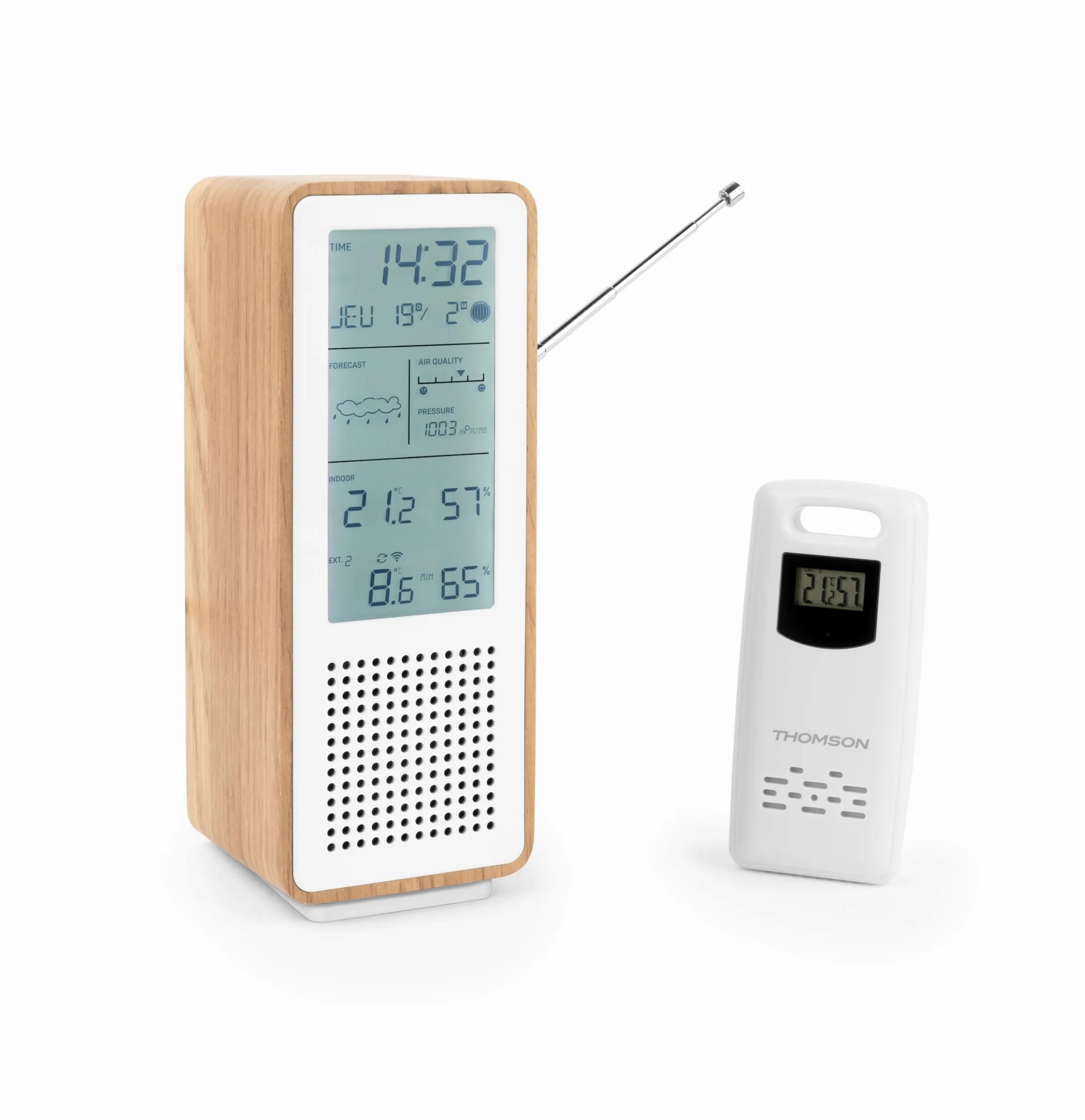 THOMSON Enceinte Bluetooth 5.3 et Station Météo Sans Fil, Radio FM, Horloge Radiopilotée, Thermomètre et Hygromètre Intérieur/Extérieur, Qualité de l'Air, Structure Bois - Blanc - WS102TWH