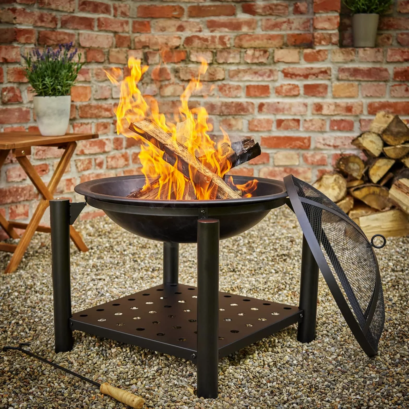 Gardebruk® Brasero de Jardin avec Pare-étincelles Couvercle tisonnier Ø55 cm Support à Bois Acier Noir Jardin Terrasse Cheminée