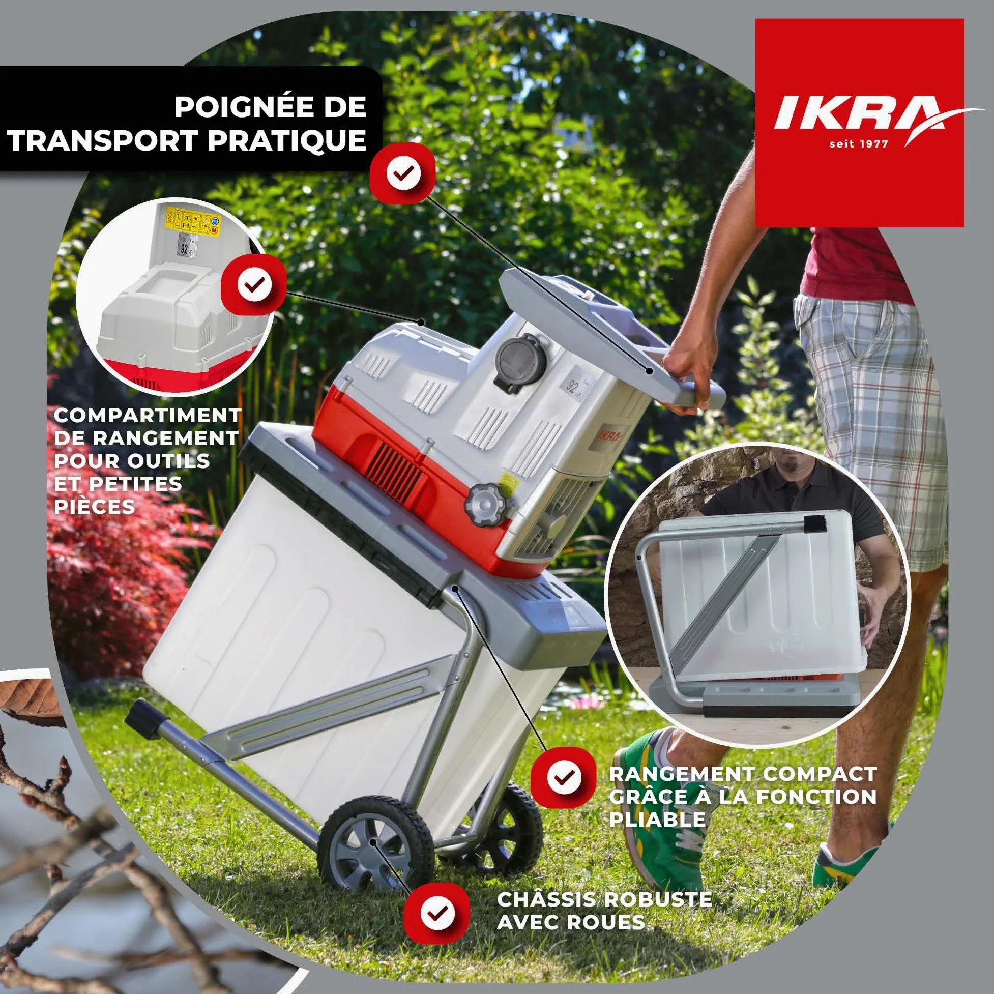 IKRA broyeur électrique à rouleaux ILH 3000A, avec lunettes de protection | Silencieux & robuste, puissance de 3000W, alimentation automatique des branches, marche arrière, pour branches jusqu'à 44 mm