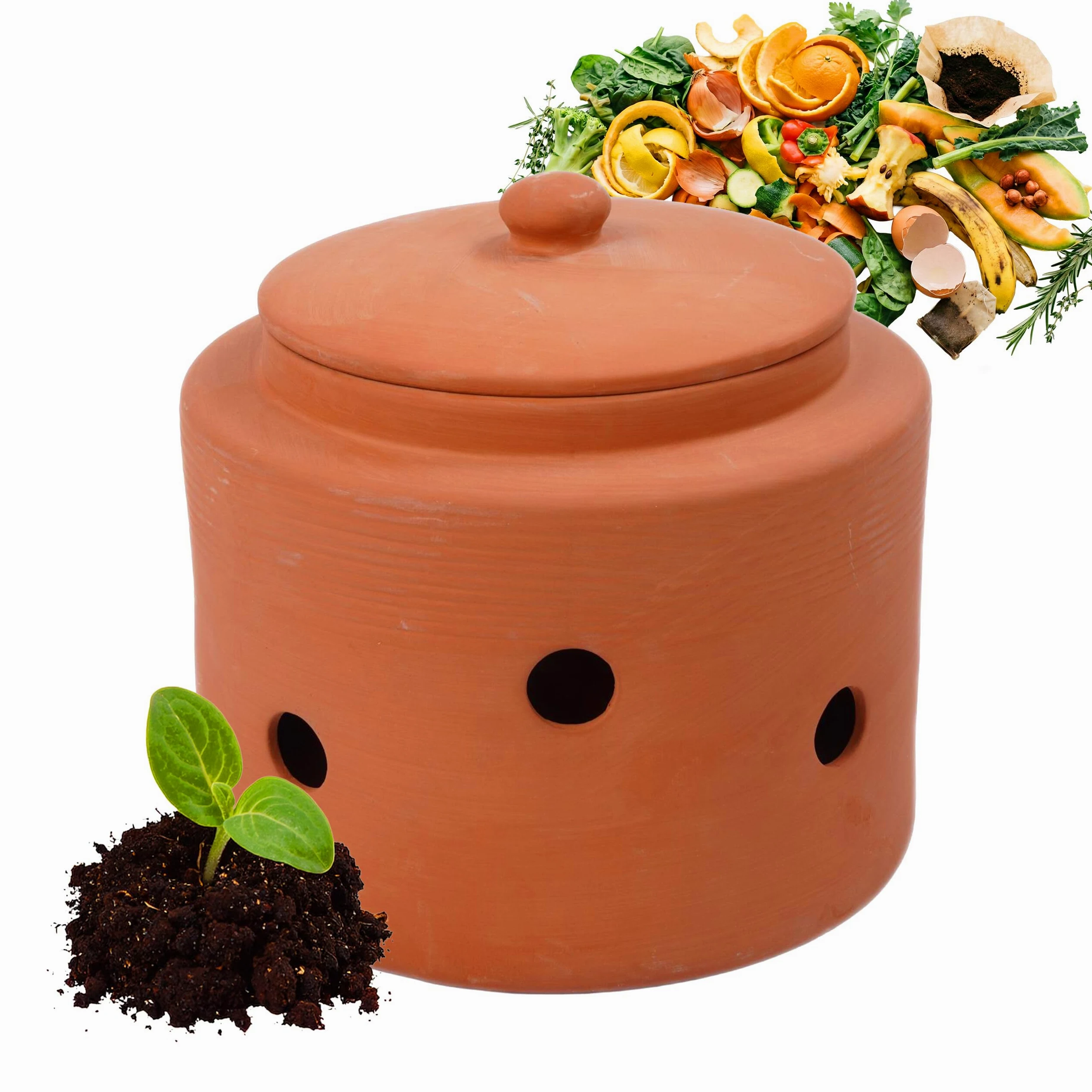 Vermicomposteur Relaxdays à enterrer, 5 L, bac à vers pour déchets de Cuisine, Couvercle, Jardin & Potager, Terre Cuite