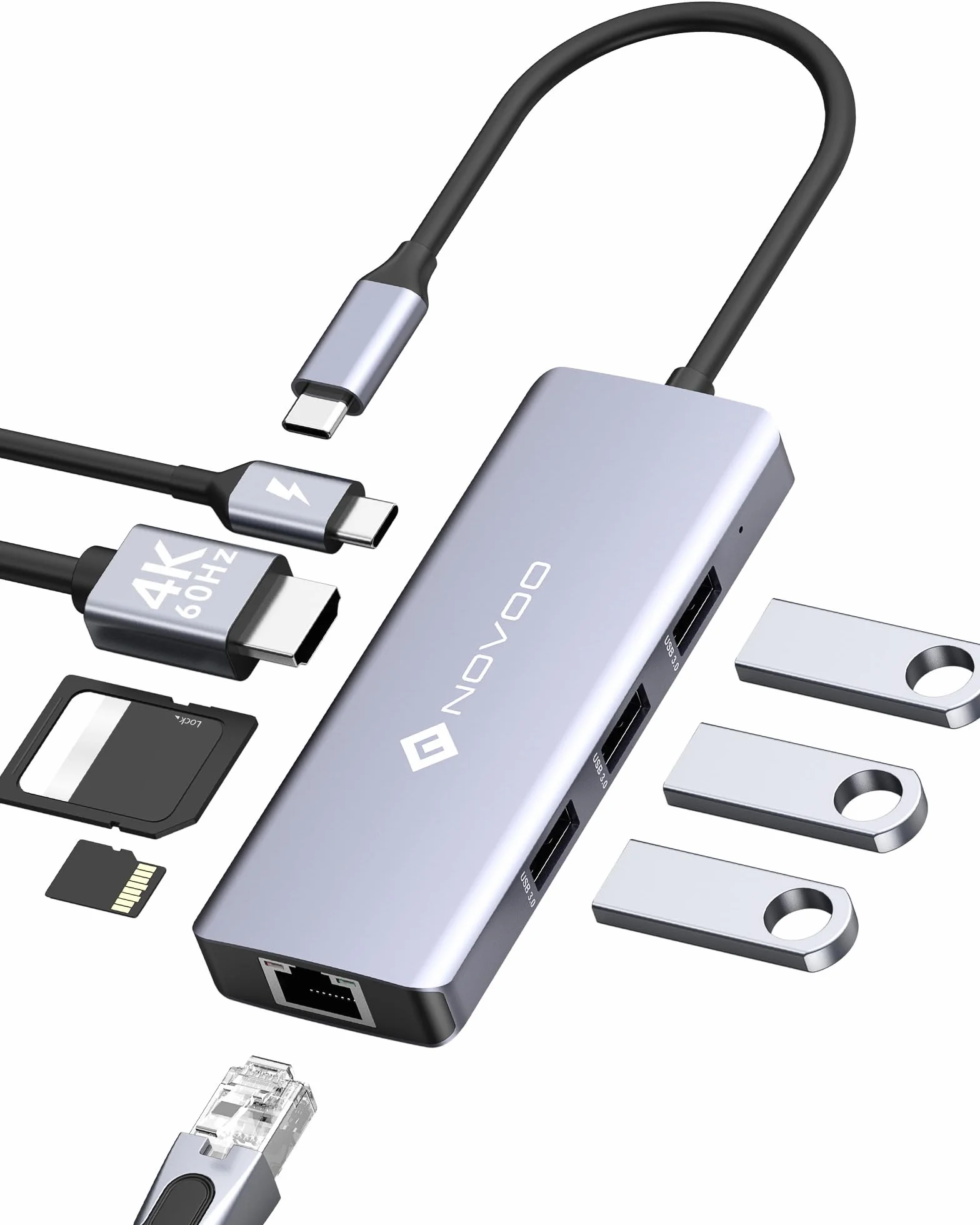 NOVOO 8-en-1 Hub USB C vers HDMI 4K@60Hz, Ethernet Gigabit, USB A 3x, 100W PD, SD/TF Multiport Dock
