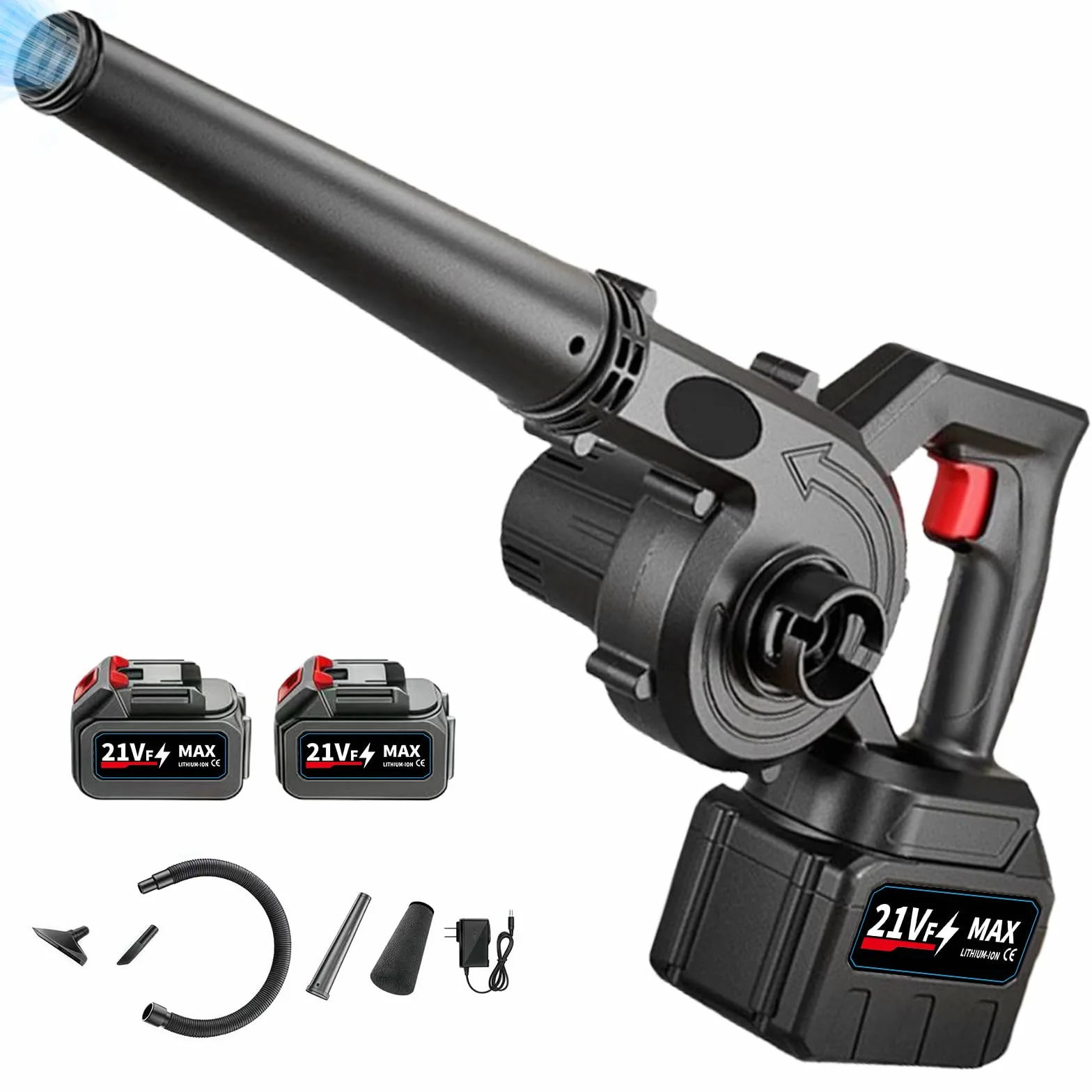 Souffleur à Feuilles Sans Fil 21V Souffleur & Aspirateur 2 en 1 Souffleurs à Feuilles électrique Sans Fil avec Chargeur / 2*3000mAh Batterie, 1.6m³/min 18000 trs/min, pour Jardin Cour Patio