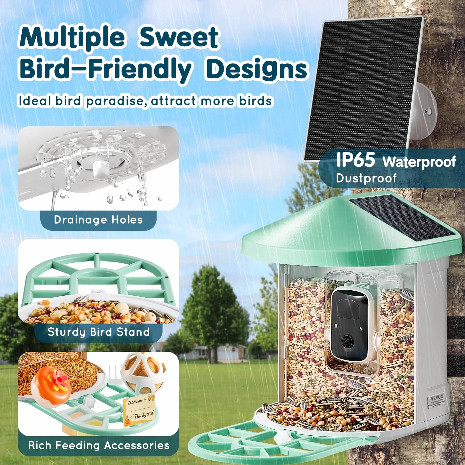 VEVOR Mangeoire Oiseaux Caméra Intelligente 2K HD AI Identifie 10000 Espèces 3 Panneaux Solaires Capture Auto Notification Extérieure Vert