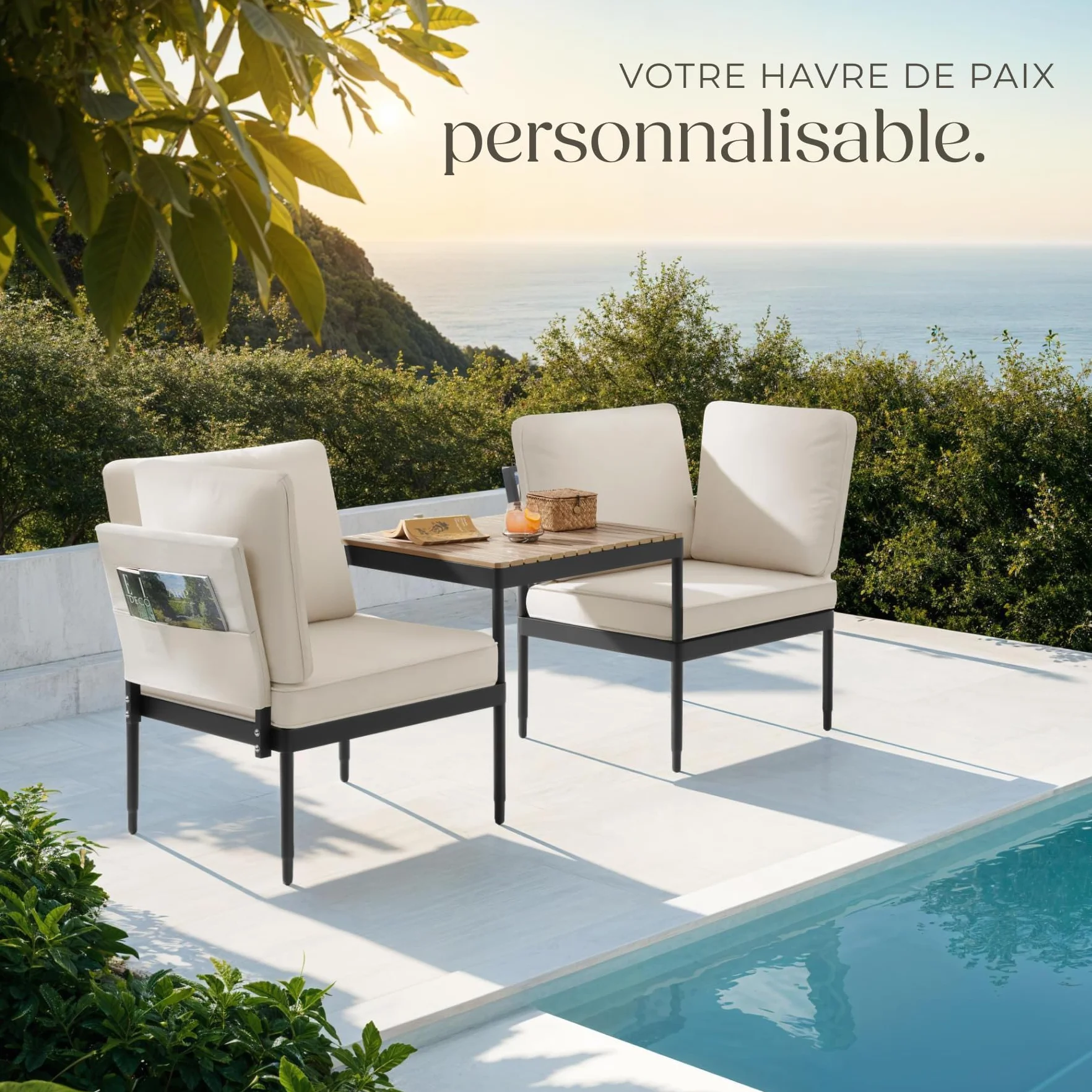 Tectake Salon de Jardin 5en1 Canapé 2 Places Modulable Table de Jardin Coussins épais Cadre Aluminium laqué époxy