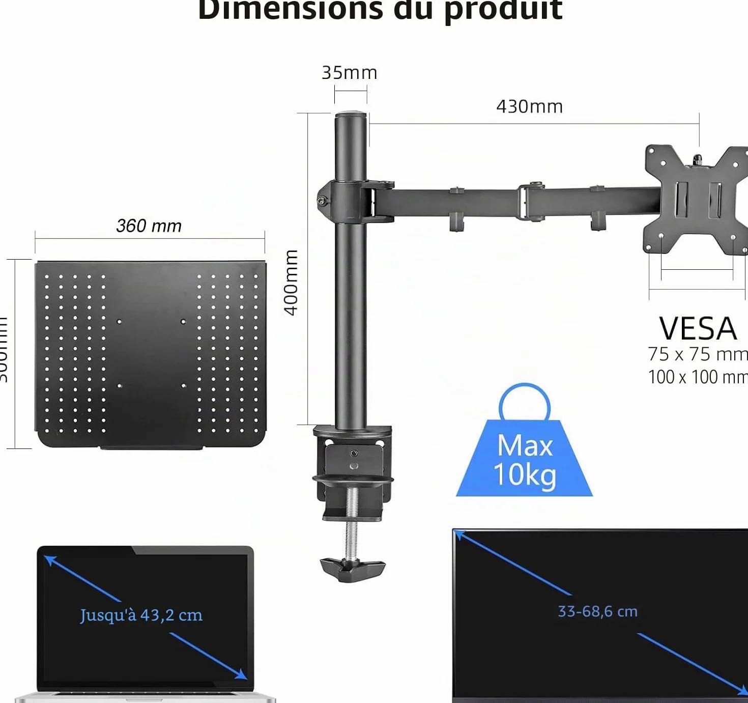 Suptek Support Ecran PC Bras pour Écran LCD LED 13-27 Pouces Ordinateur Portable 17 Pouces 360° Rotation